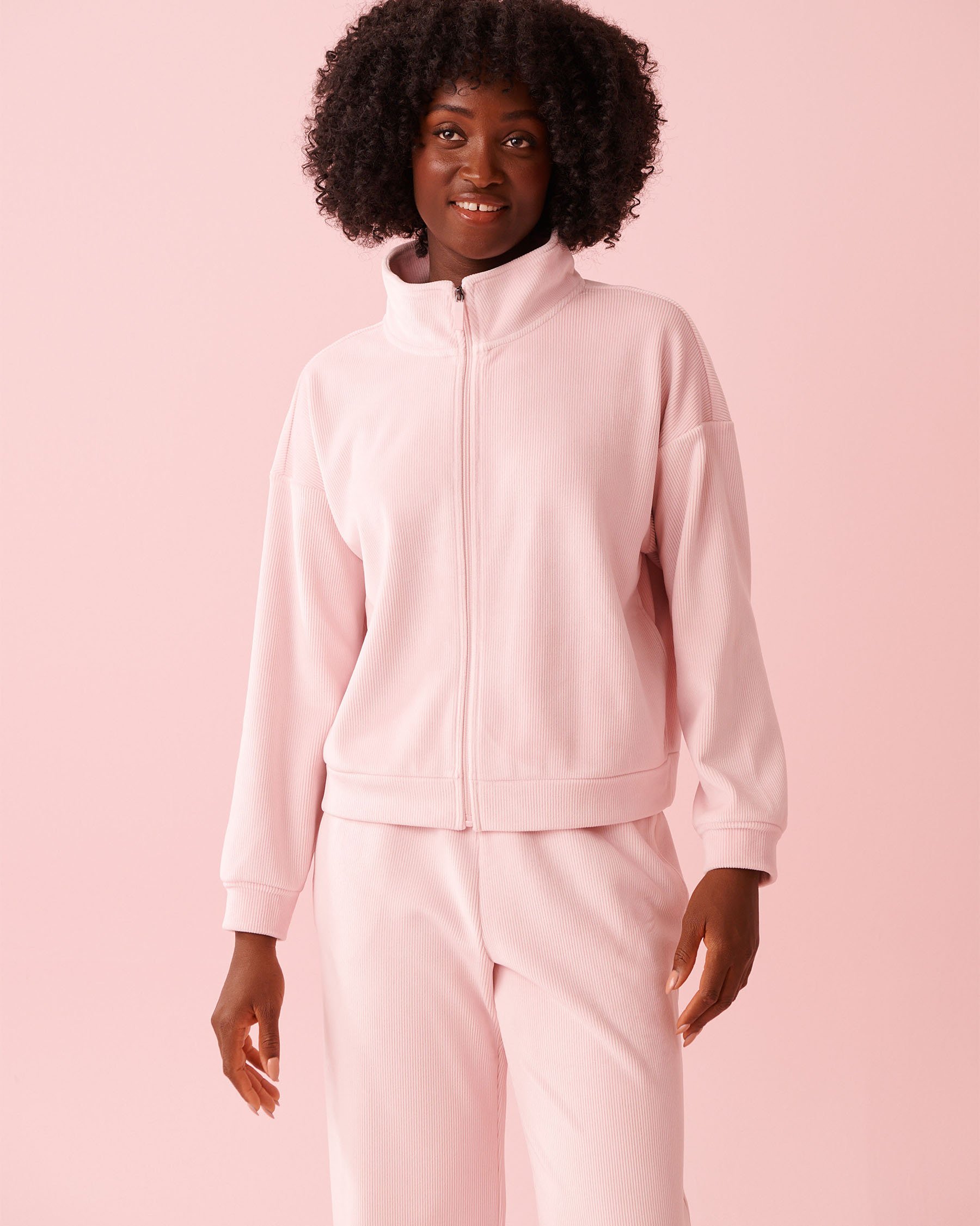 LA VIE EN ROSE Heavy Ribbed Zip-up Sweatshirt Pale Pink 50100121 - View5