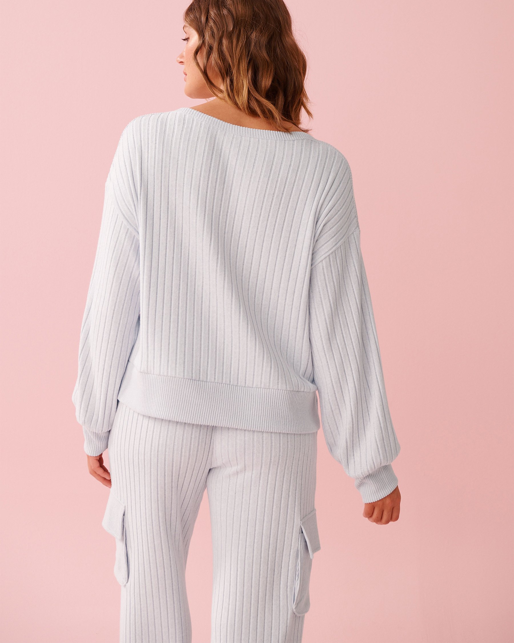 LA VIE EN ROSE Ribbed Knit Long Sleeve Shirt Soft Blue 50100122 - View2