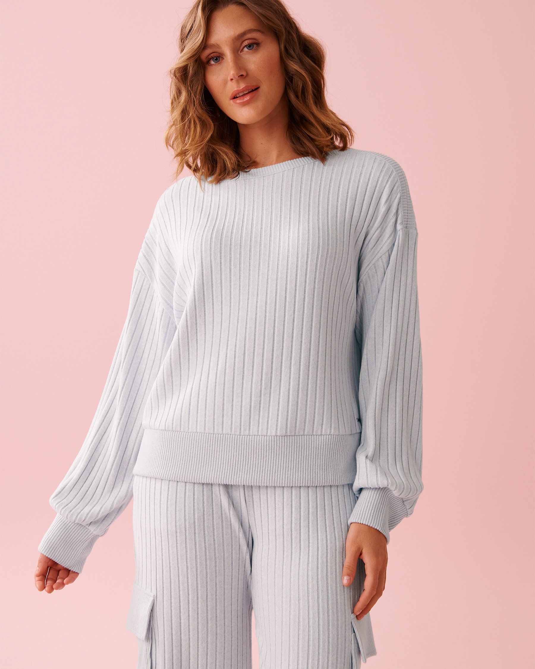 LA VIE EN ROSE Ribbed Knit Long Sleeve Shirt Porcelain Blue 50100122 - View1