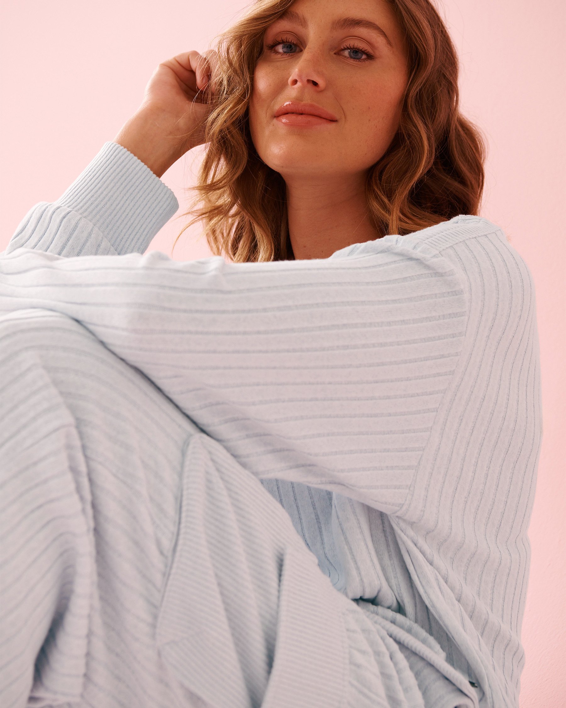 LA VIE EN ROSE Ribbed Knit Long Sleeve Shirt Porcelain Blue 50100122 - View3