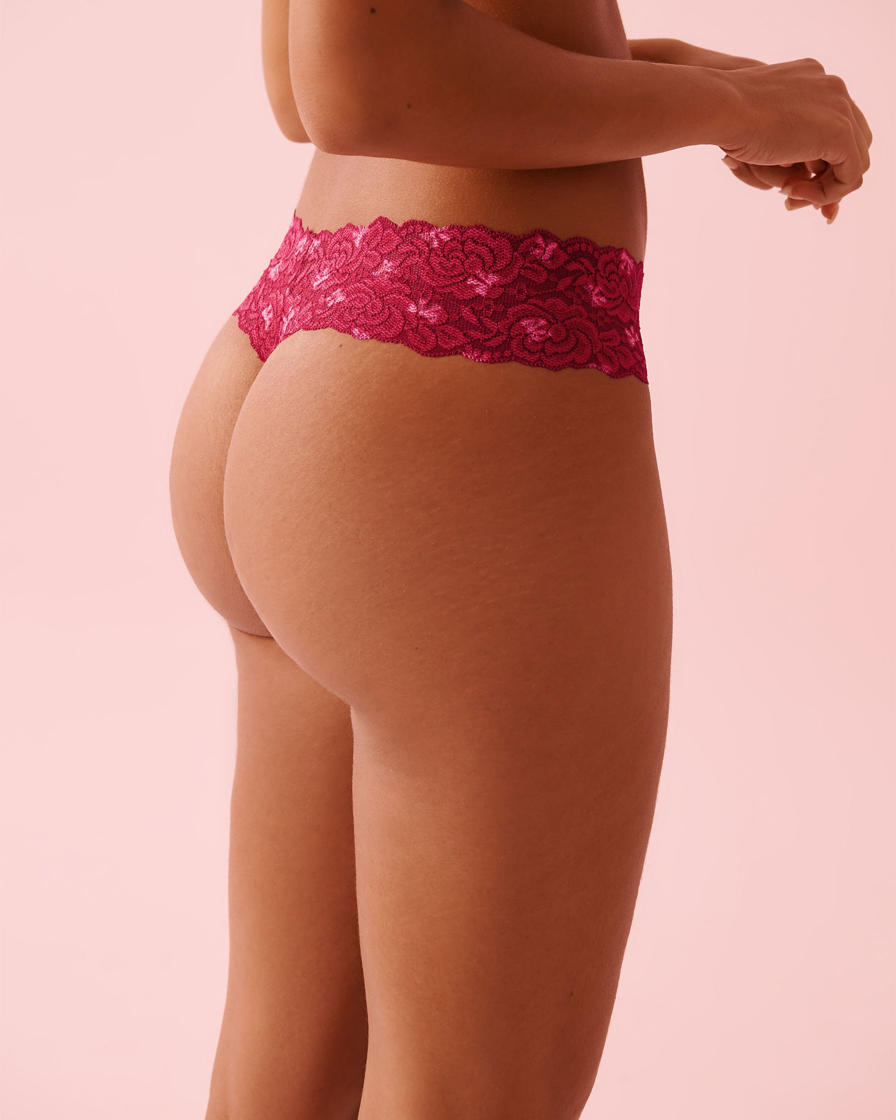 LA VIE EN ROSE Microfiber and Wide Lace Band Thong Panty Deep Red 20200760 - View2