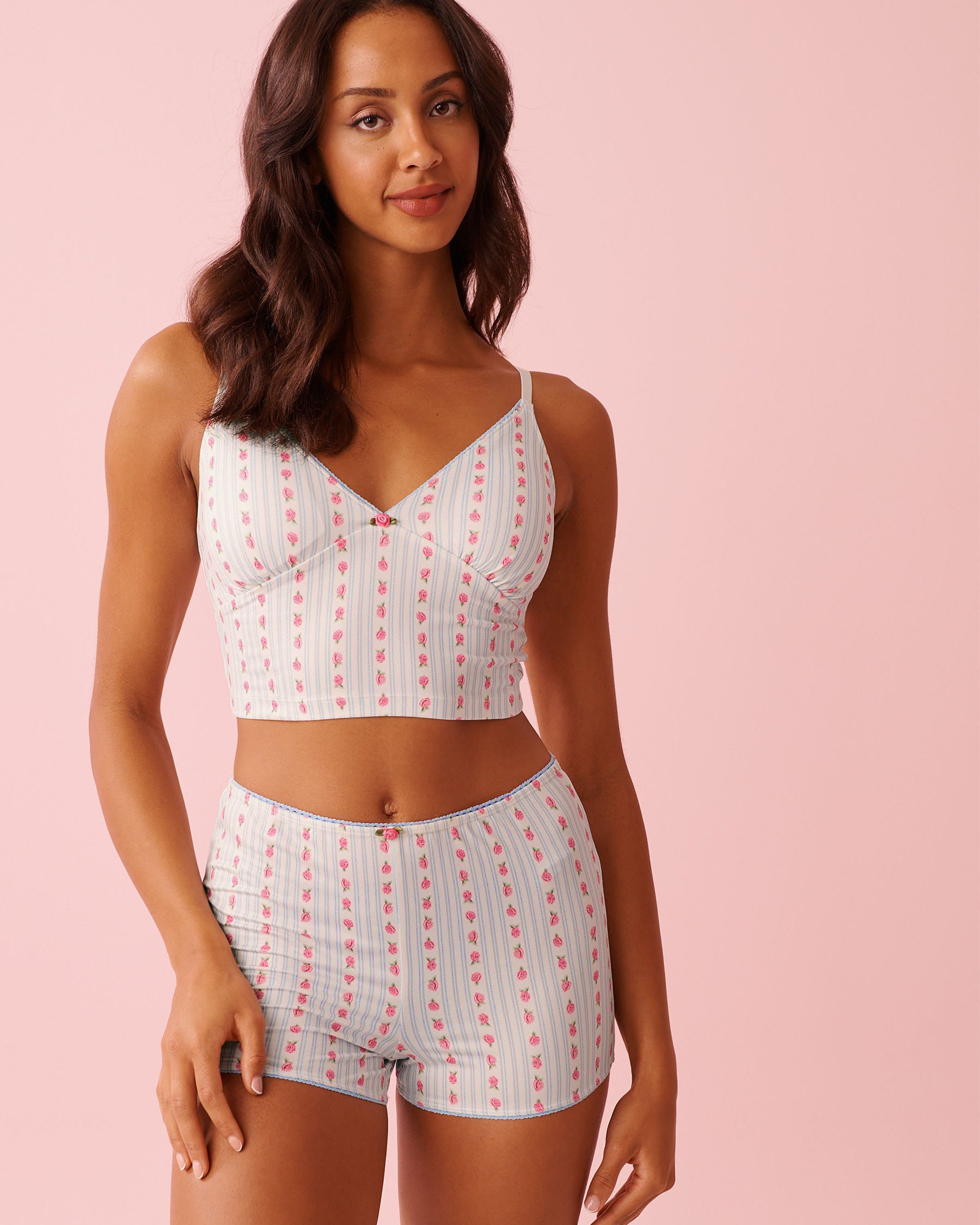 LA VIE EN ROSE Camisole courte ultra douce imprimé rose Rayures à roses 40100828 - View1