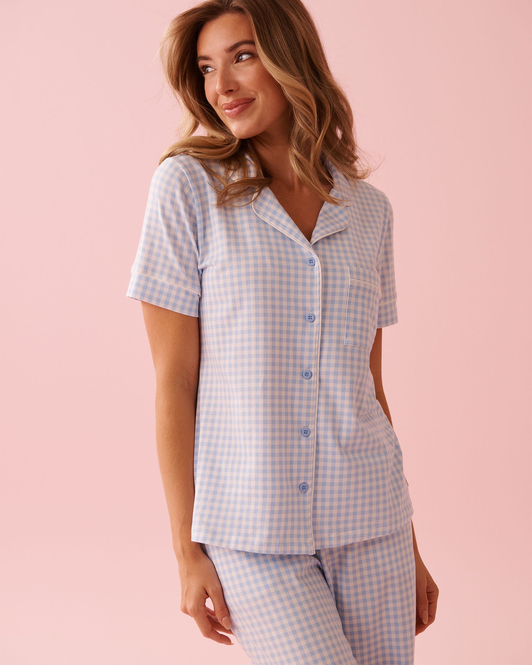 LA VIE EN ROSE Cotton Short Sleeve Button-down Shirt Blue Gingham 40100824 - View2