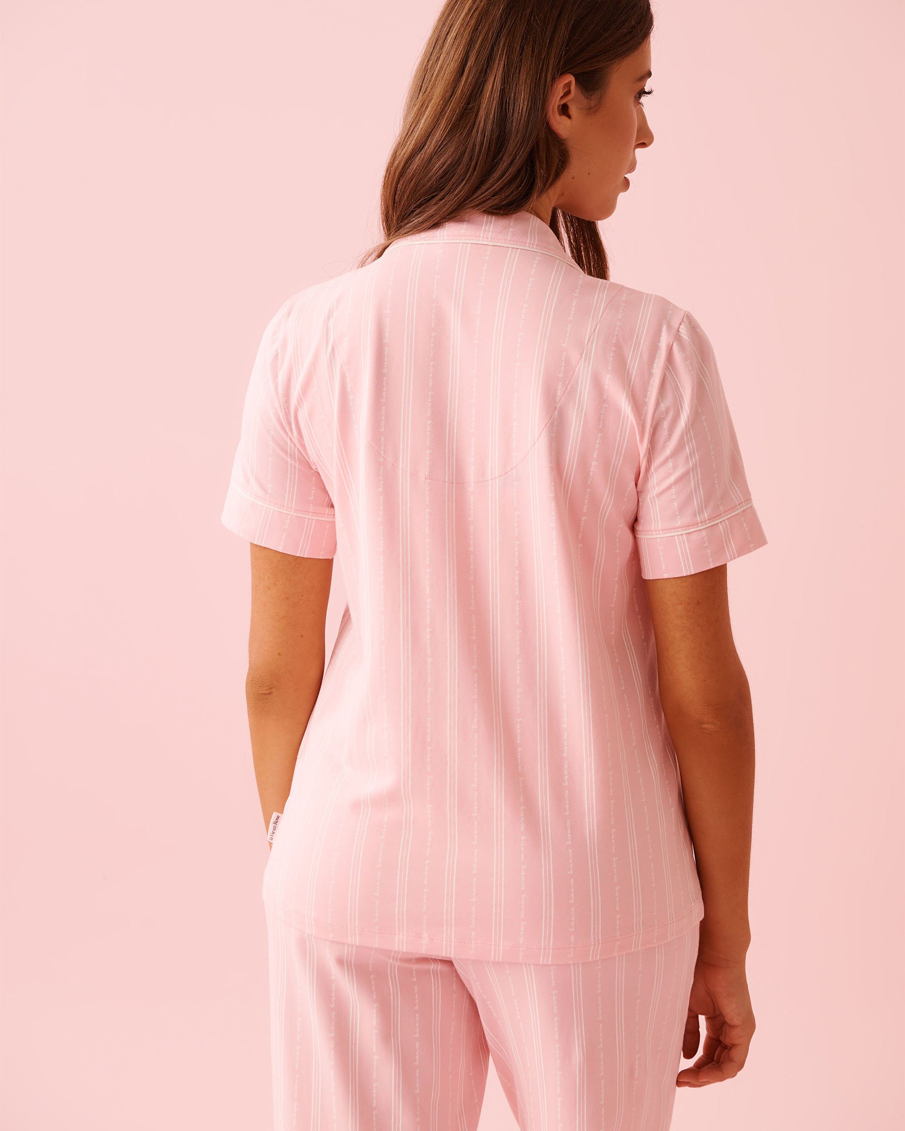 LA VIE EN ROSE Cotton Short Sleeve Button-down Shirt Pink Stripes 40100824 - View2