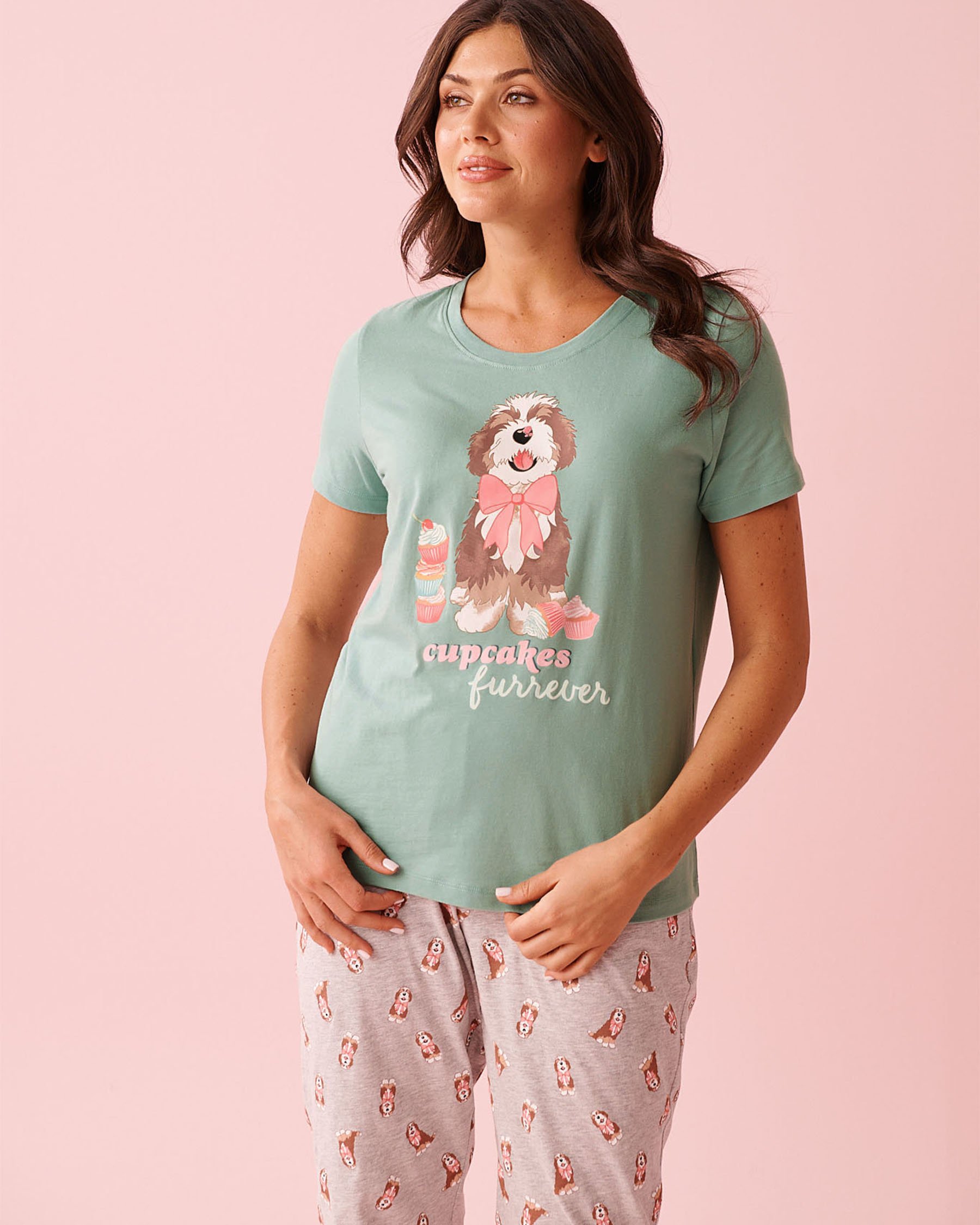 LA VIE EN ROSE Dog & Cupcake Print Cotton Crew Neck T-shirt Soothing Blue 40100836 - View1