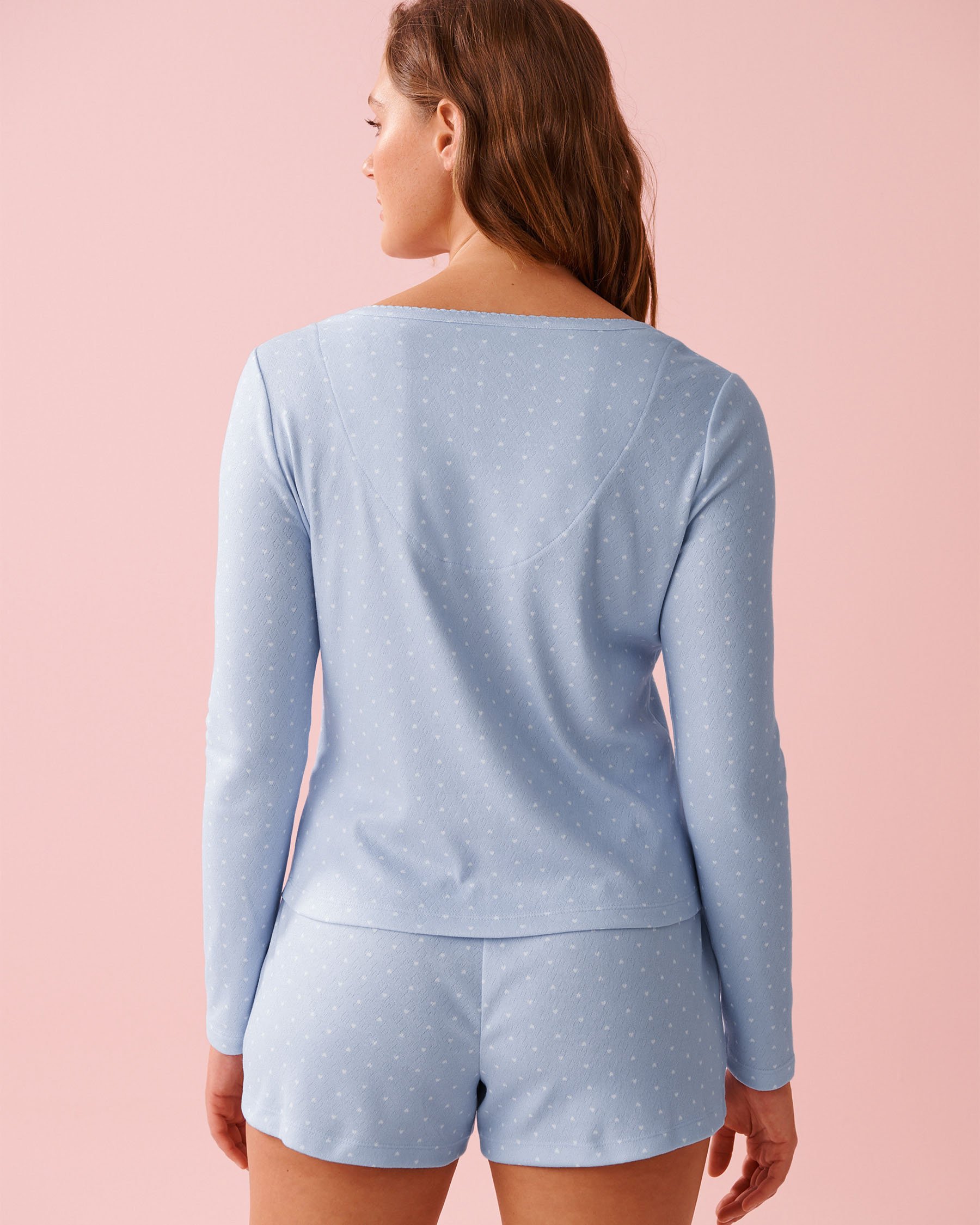 LA VIE EN ROSE Heart Print Pointelle Long Sleeve Shirt Blue 40100822 - View2