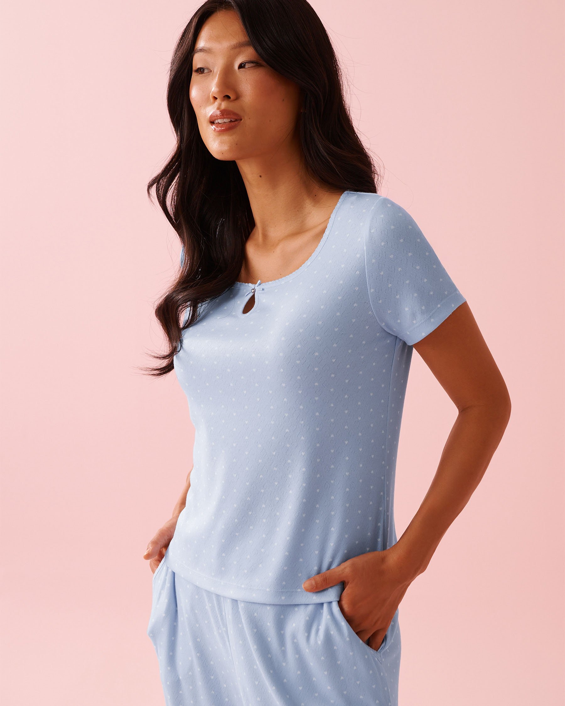 LA VIE EN ROSE Heart Print Pointelle T-shirt Blue 40100821 - View1