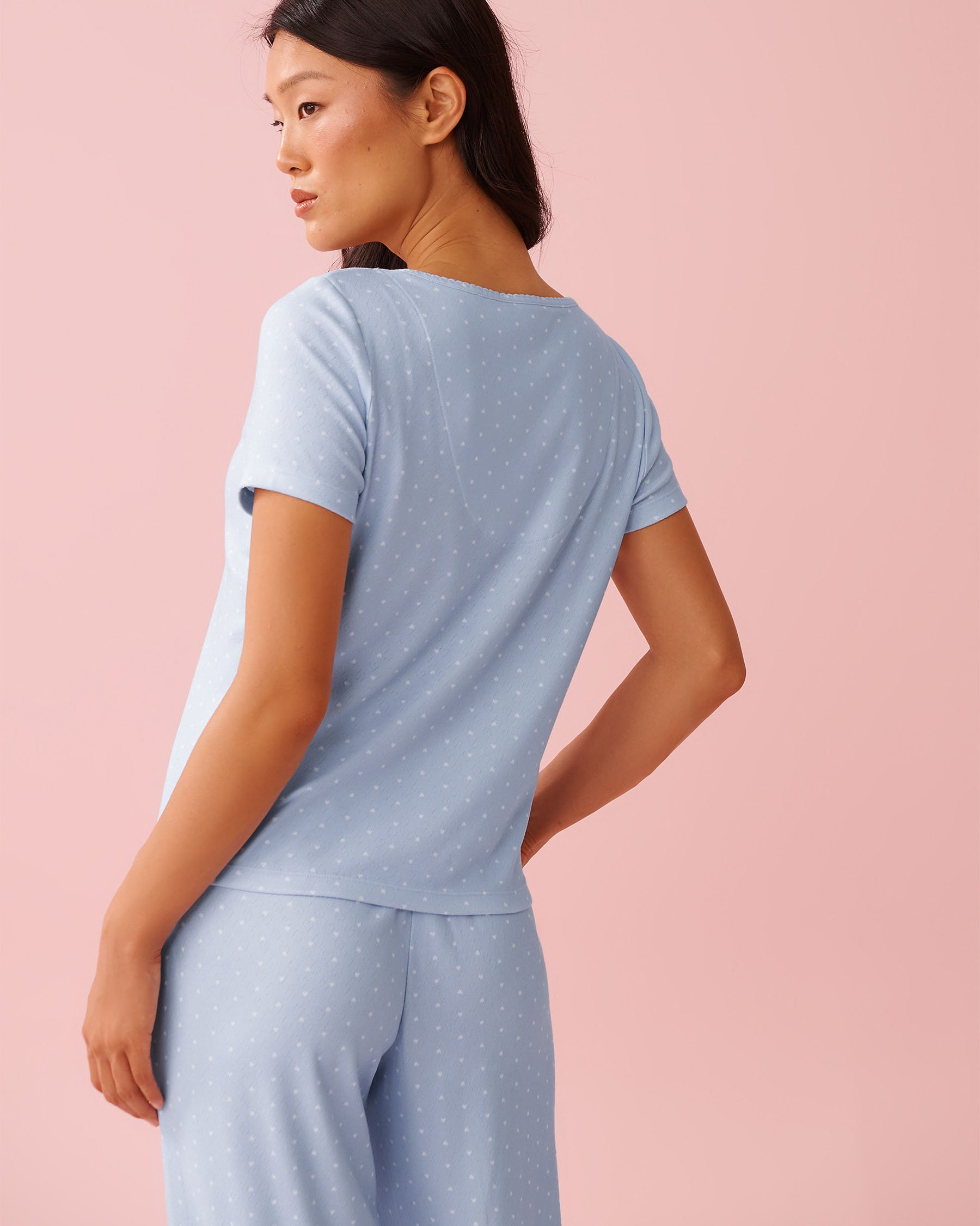 LA VIE EN ROSE Heart Print Pointelle T-shirt Blue 40100821 - View2