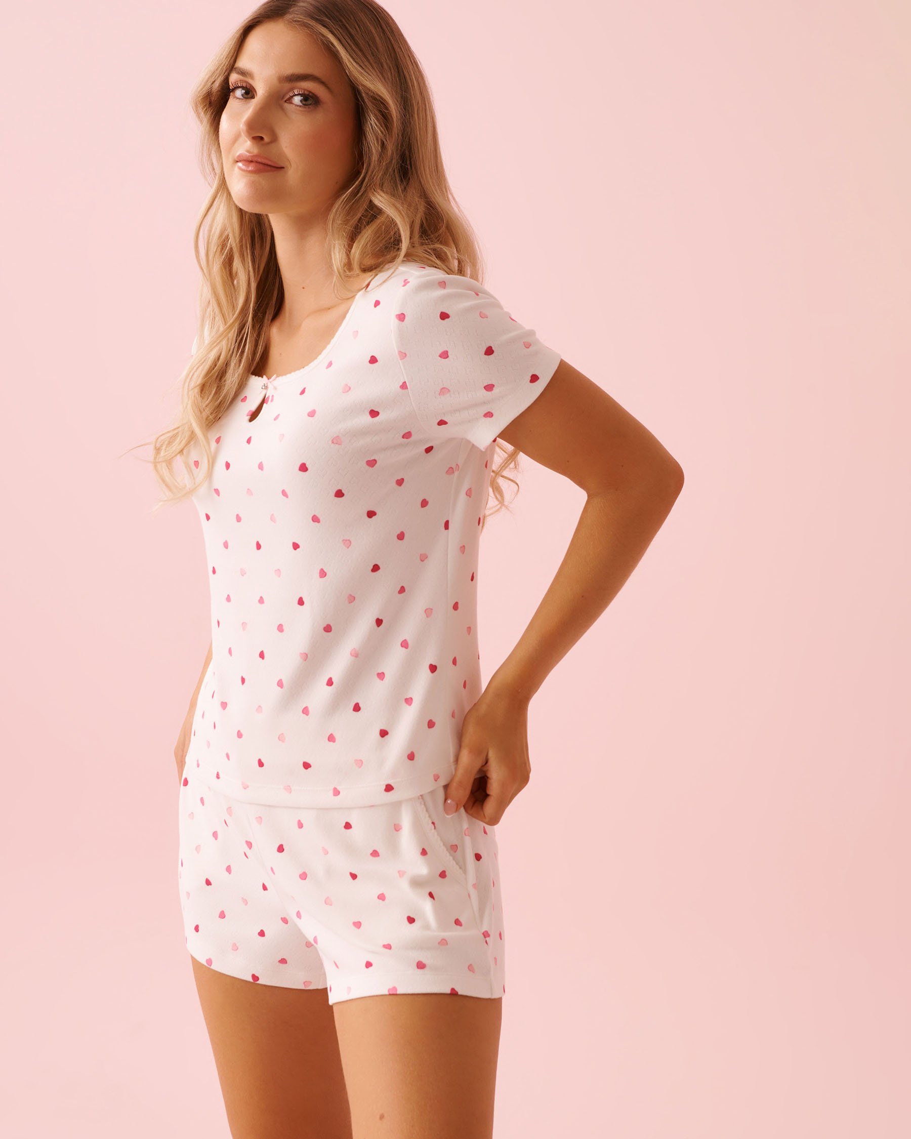 LA VIE EN ROSE T-shirt en pointelle imprimé cœurs Blanc 40100821 - View1