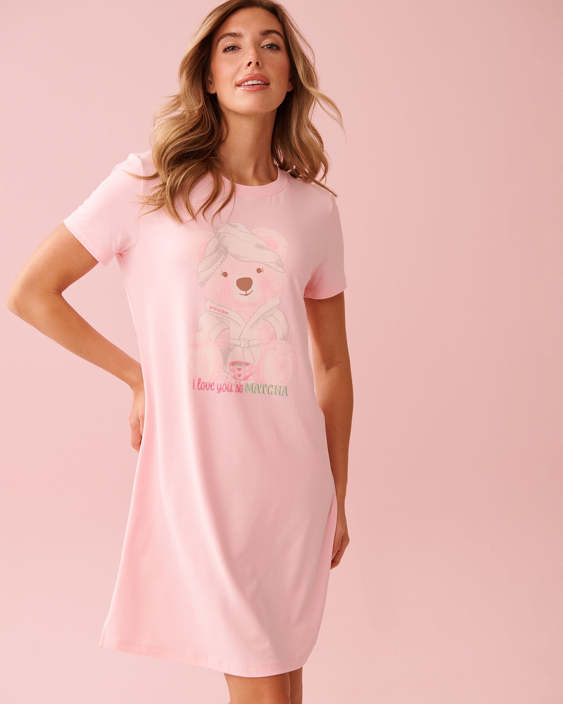 LA VIE EN ROSE Chemise de nuit ultra douce imprimé ourson relax Rose poudré 40500475 - View1