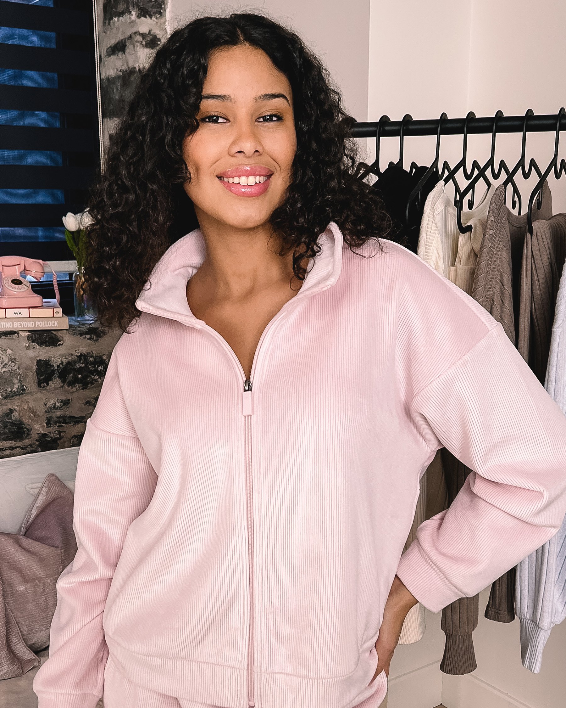 LA VIE EN ROSE Heavy Ribbed Zip-up Sweatshirt Pale Pink 50100121 - View6