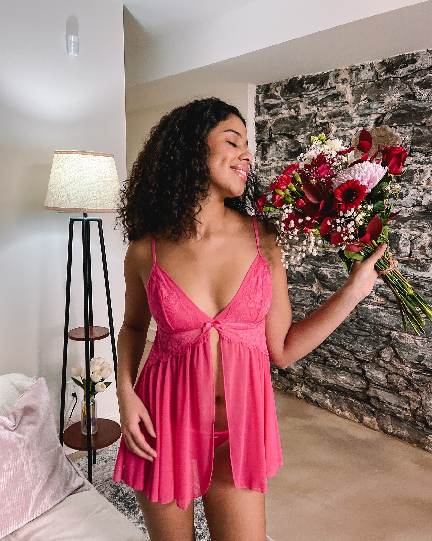 LA VIE EN ROSE Open Front Floral Lace and Mesh Babydoll Fuchsia Pink 60500223 - View8