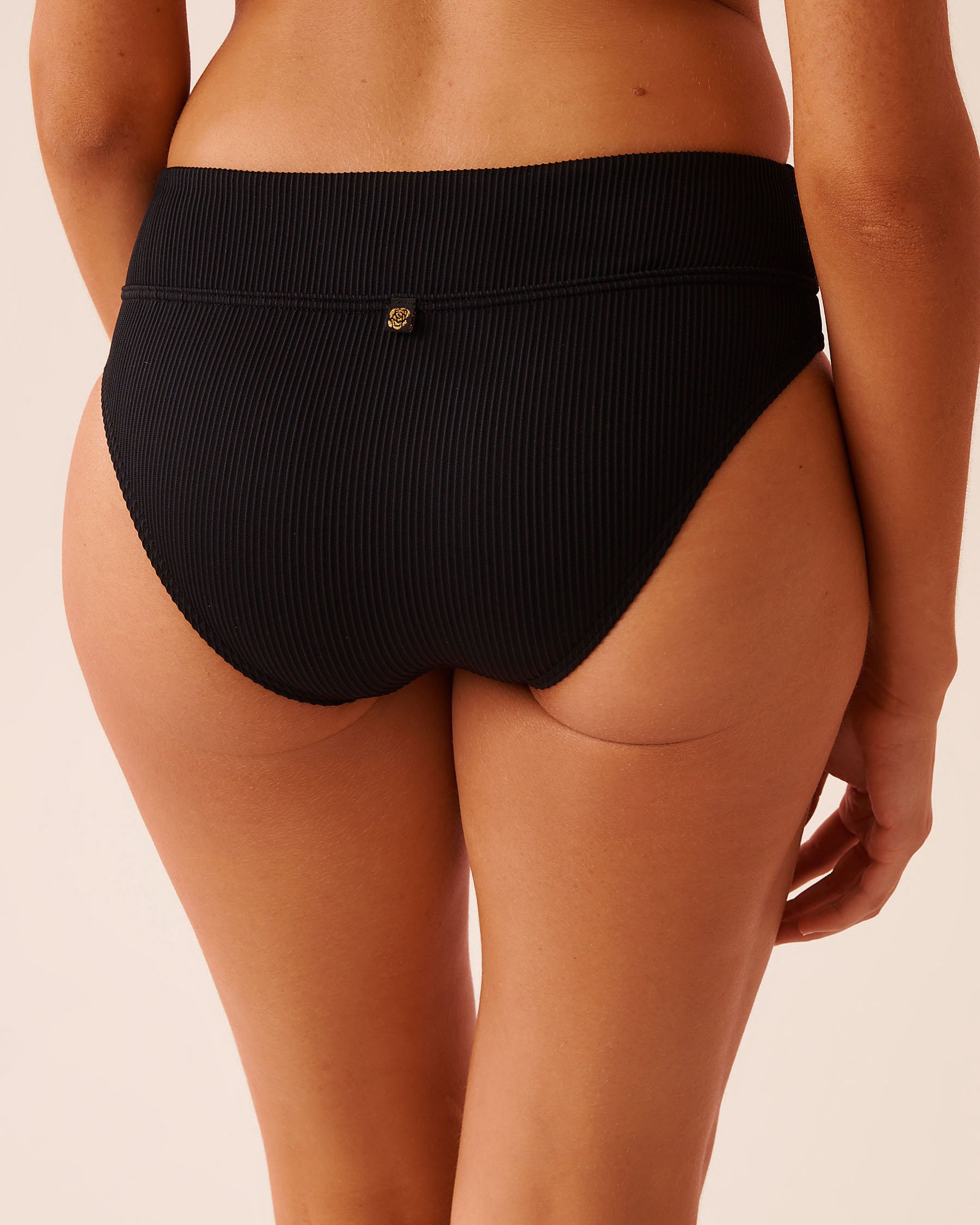 LA VIE EN ROSE AQUA SOLID Ribbed Mid Waist Brazilian Bikini Bottom Black 70300816 - View2