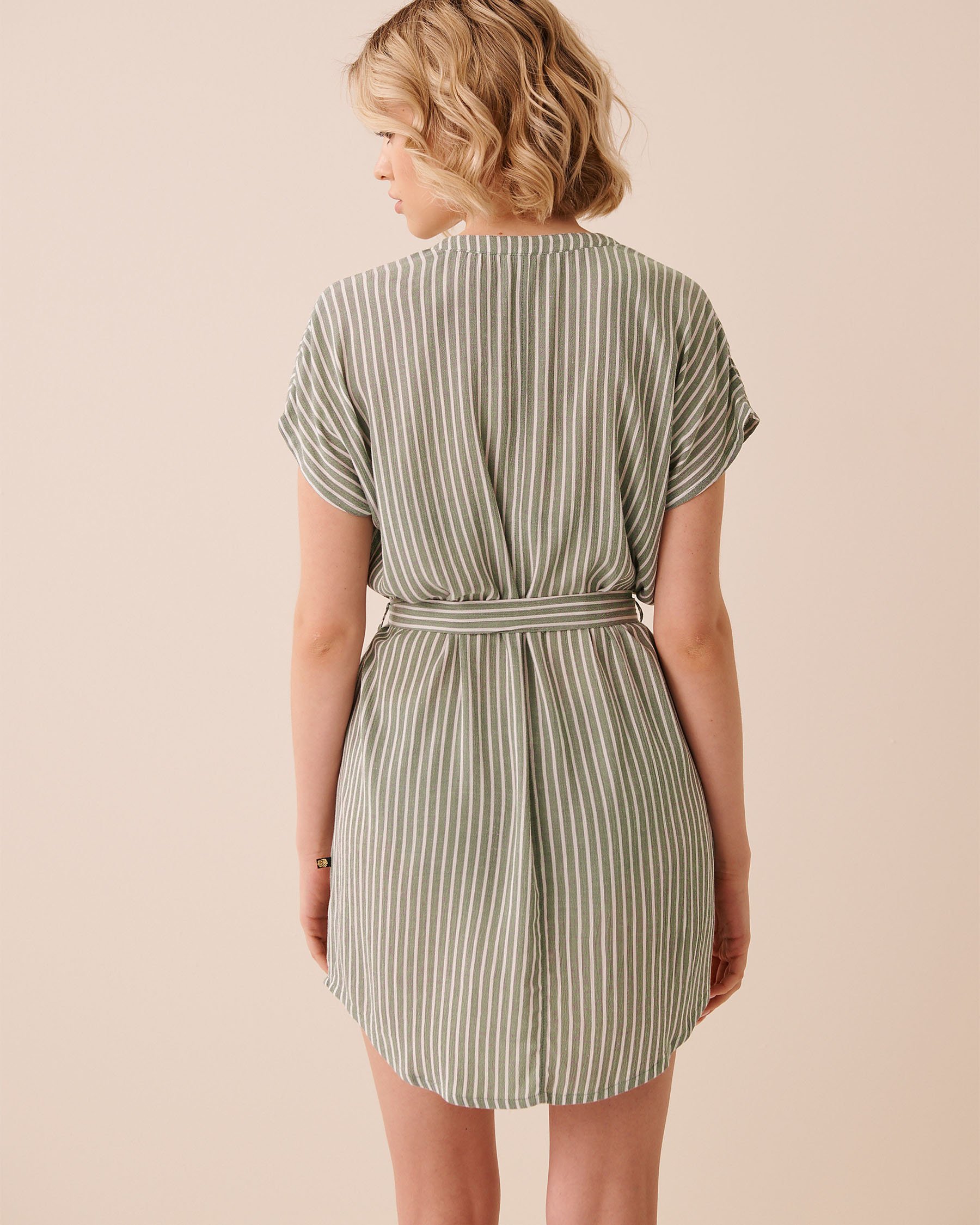 LA VIE EN ROSE AQUA Gauze Short Dress Green Stripes 80300134 - View2