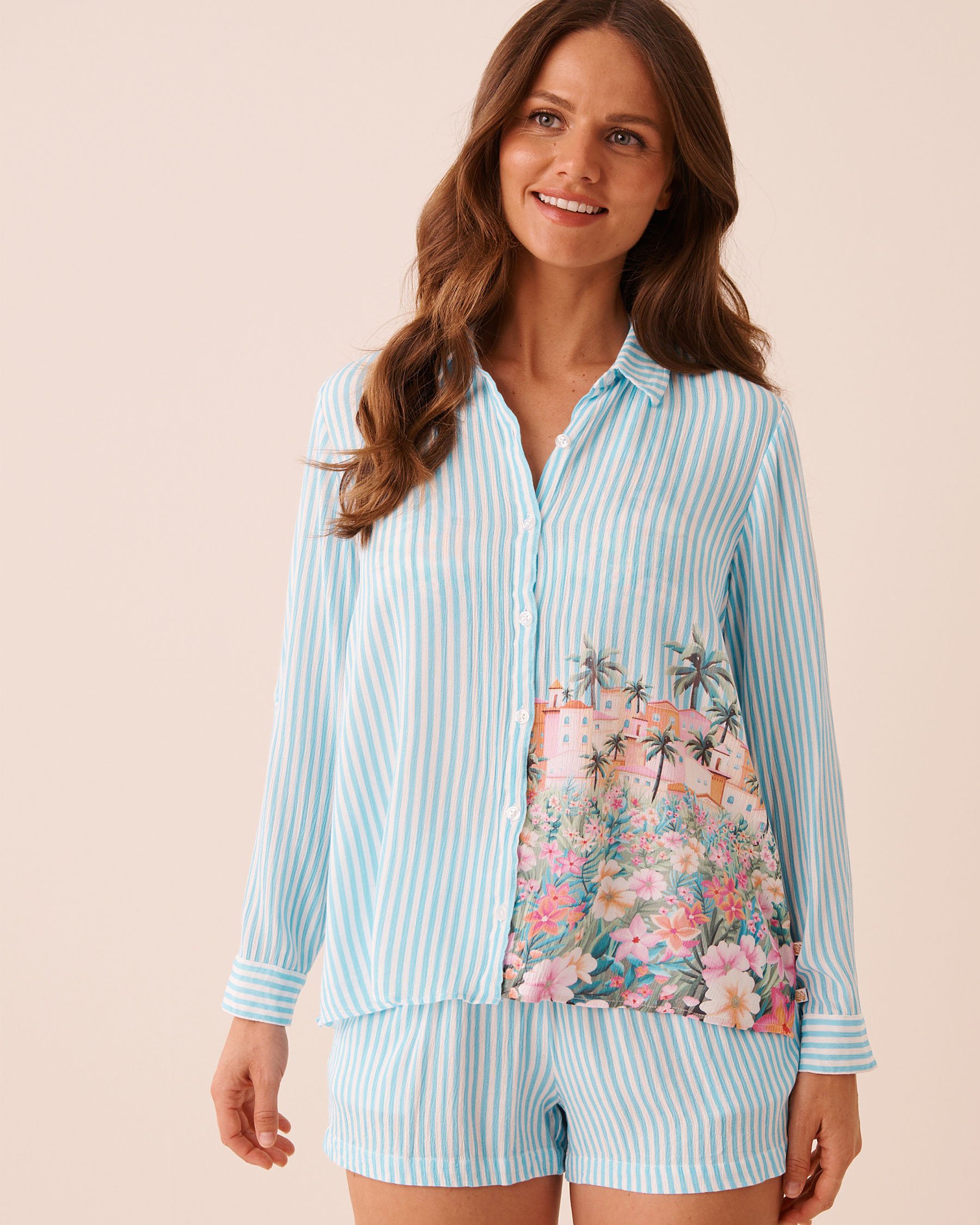 LA VIE EN ROSE AQUA Printed Stripe Button-down Shirt Coastal Village 80100046 - View2