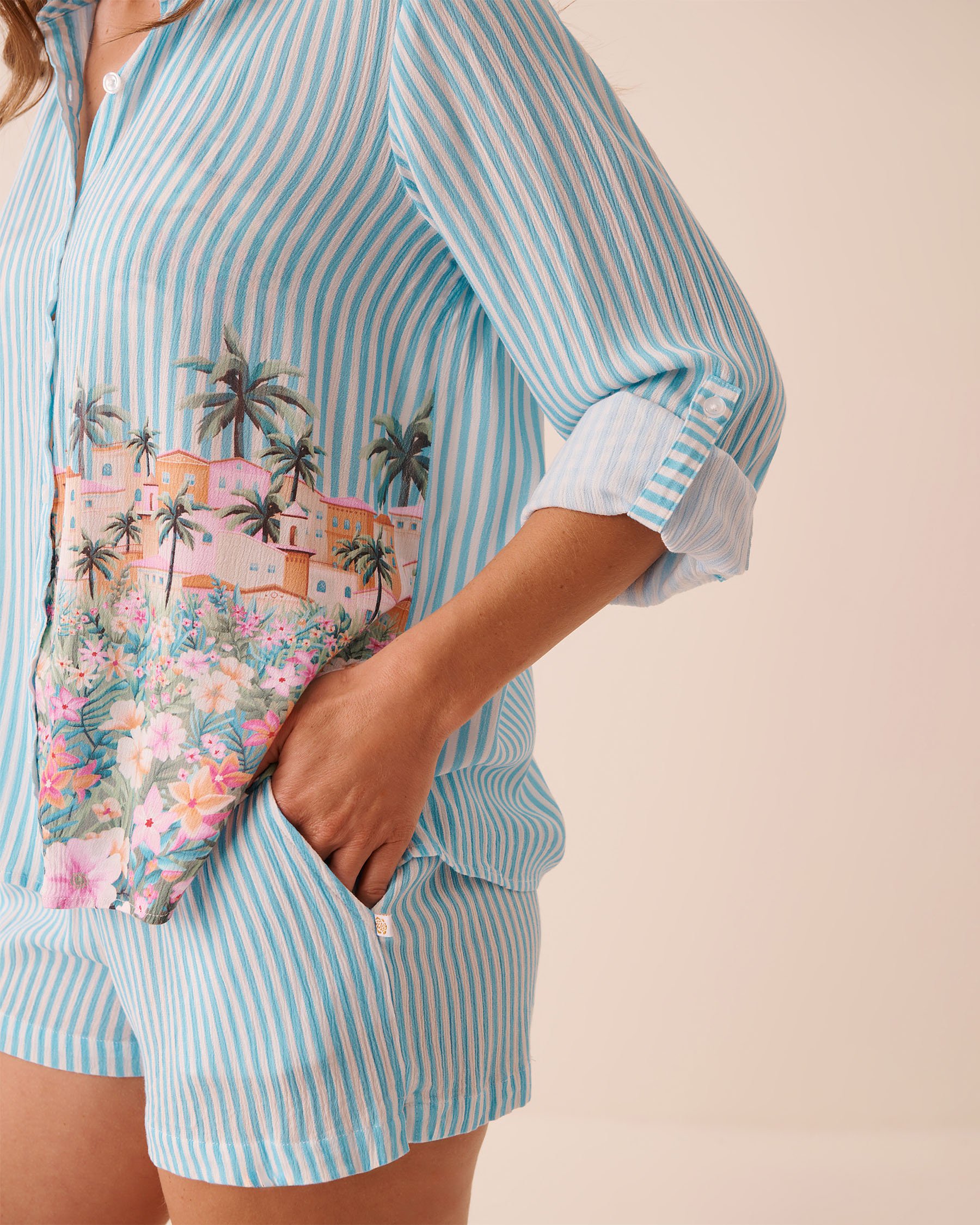 LA VIE EN ROSE AQUA Printed Stripe Button-down Shirt Coastal Village 80100046 - View4