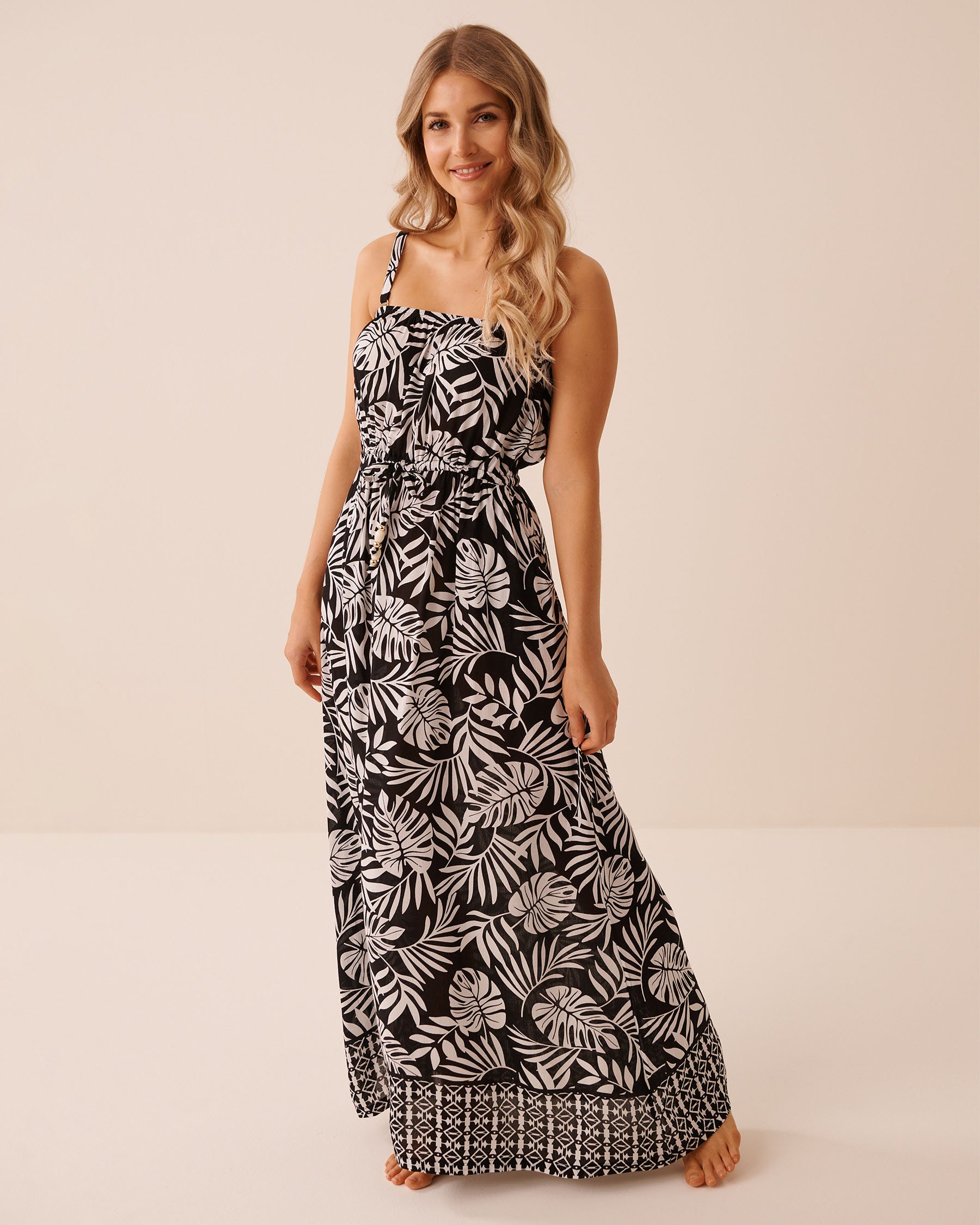 LA VIE EN ROSE AQUA Tropical Gauze Maxi Dress Black/Tropical Leaves 80300135 - View1
