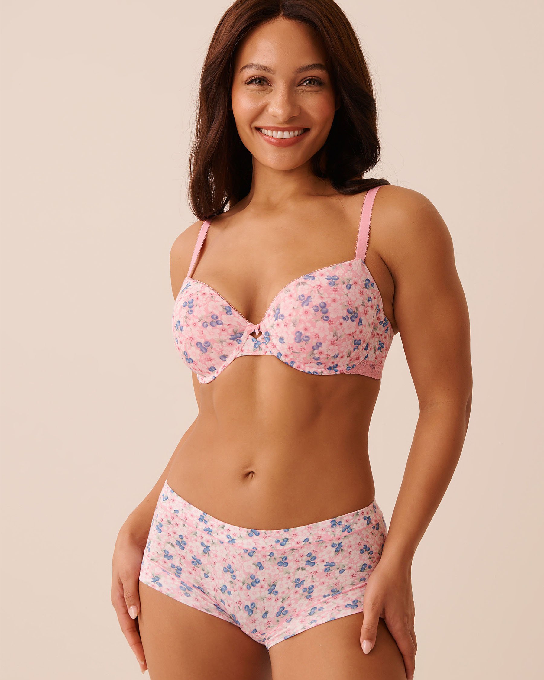 LA VIE EN ROSE Lightly Lined Modal and Lace Demi Bra Pink Flowers/Blueberries 10200587 - View1