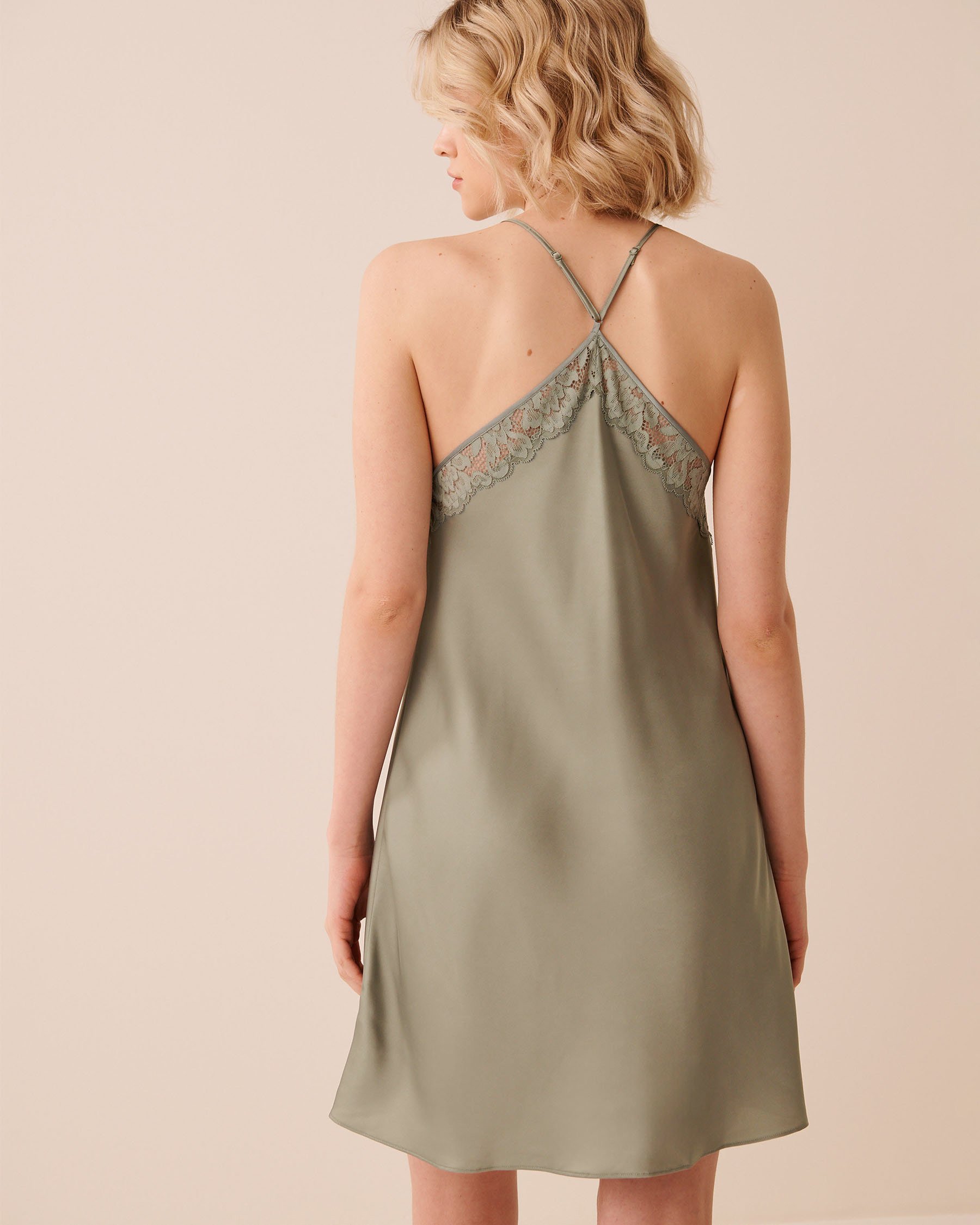LA VIE EN ROSE Lace Trim Satin Nightie Sage Green 60500232 - View2
