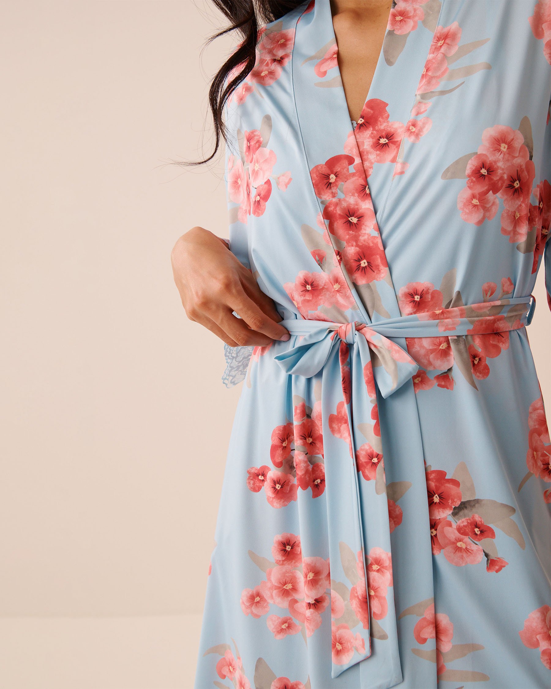 LA VIE EN ROSE Kimono bordure en dentelle imprimé fleurs printanières Fleurs printanières 60600118 - View4