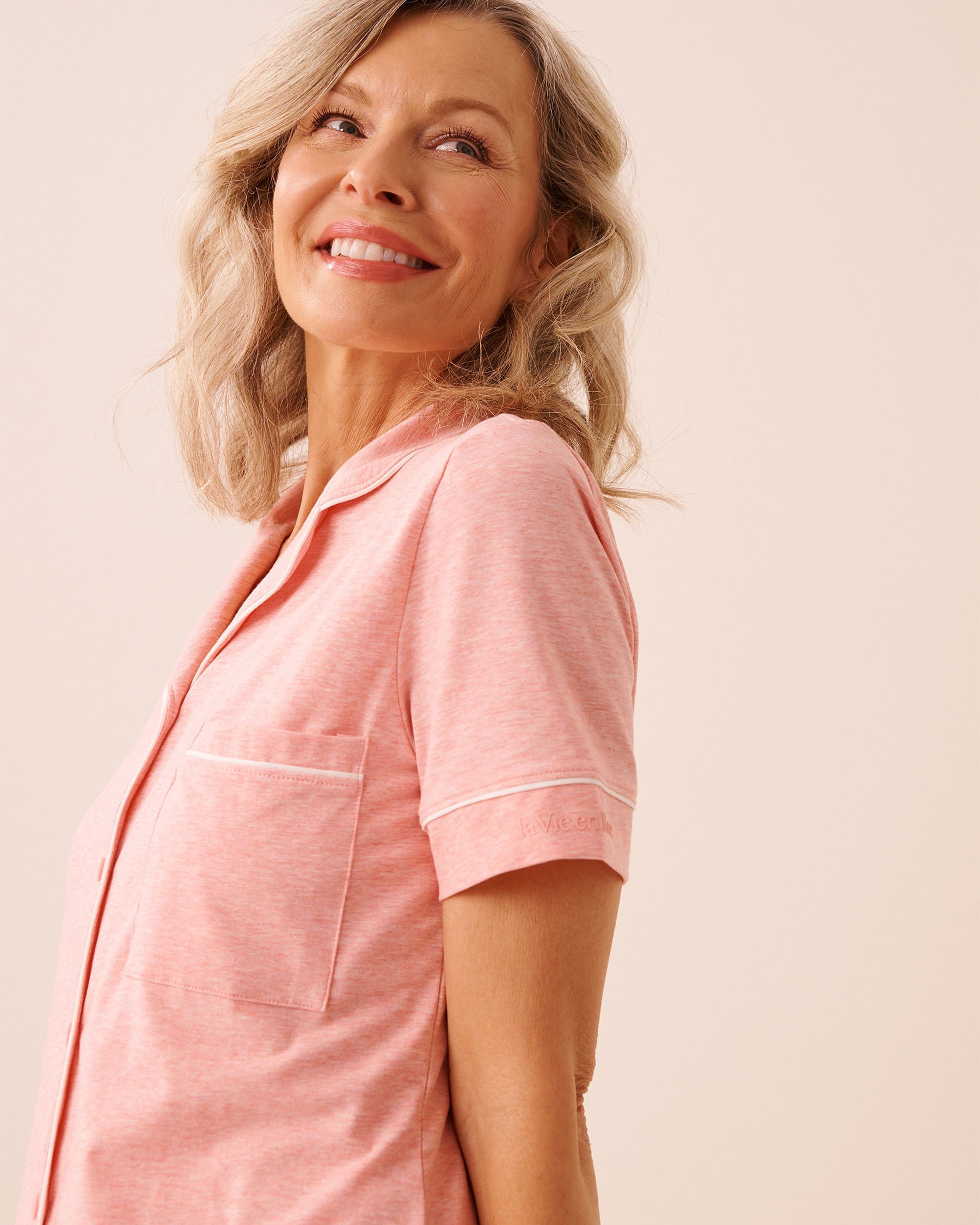 LA VIE EN ROSE Chemisier manches courtes en coton Rose pêche 40100850 - Voir3