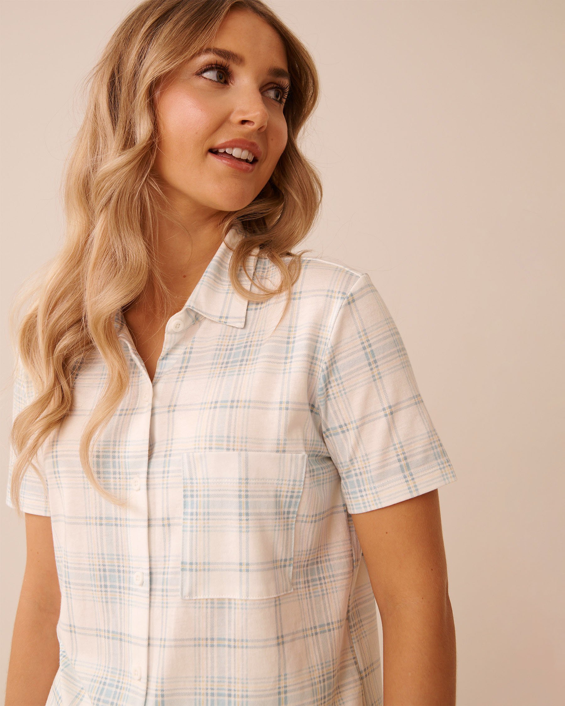 LA VIE EN ROSE Blue Plaid Print Button-down Shirt Blue Plaid 40100852 - View3