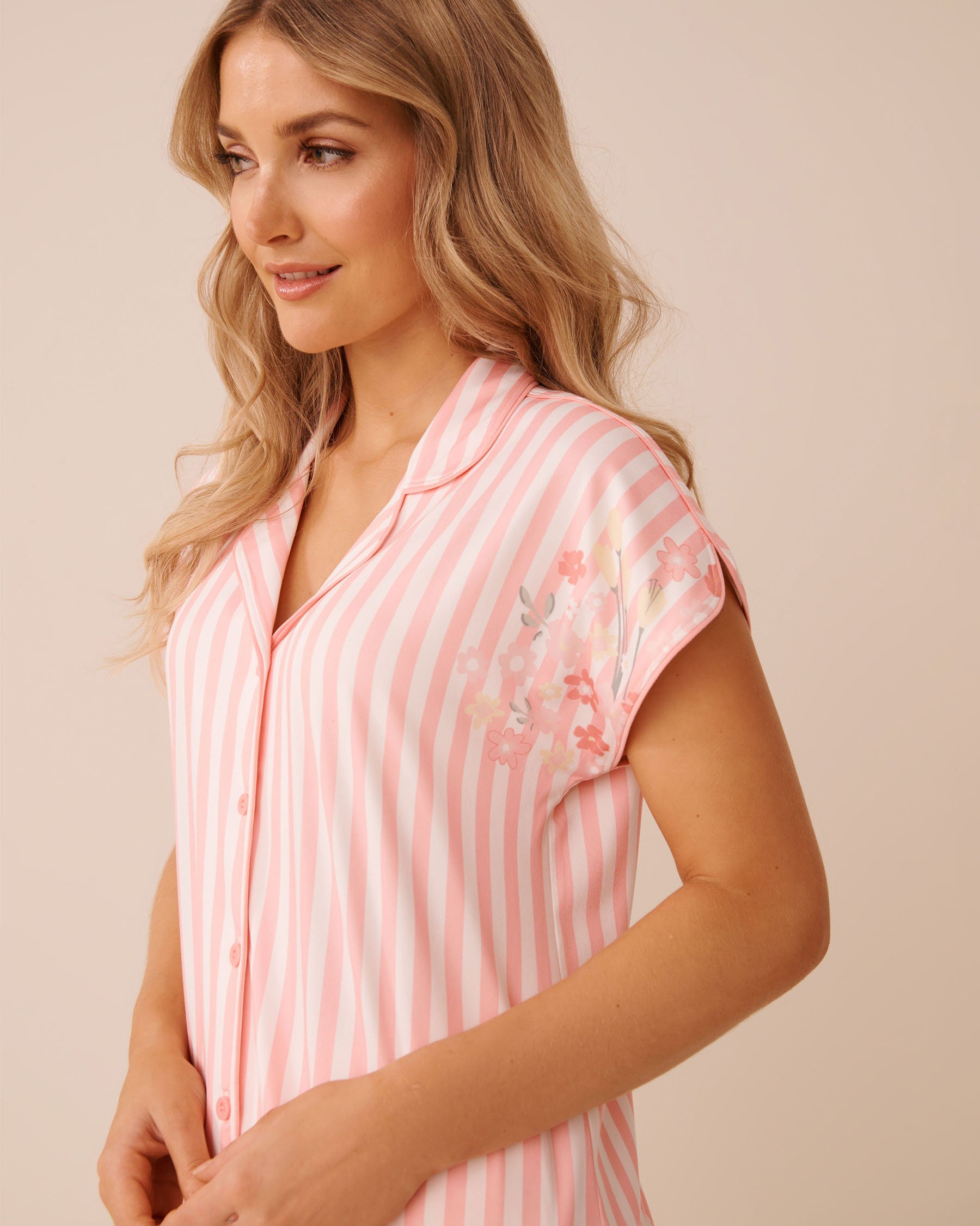 LA VIE EN ROSE Floral Stripe Print Super Soft Button-down Shirt Pink Floral Stripe 40100840 - View3