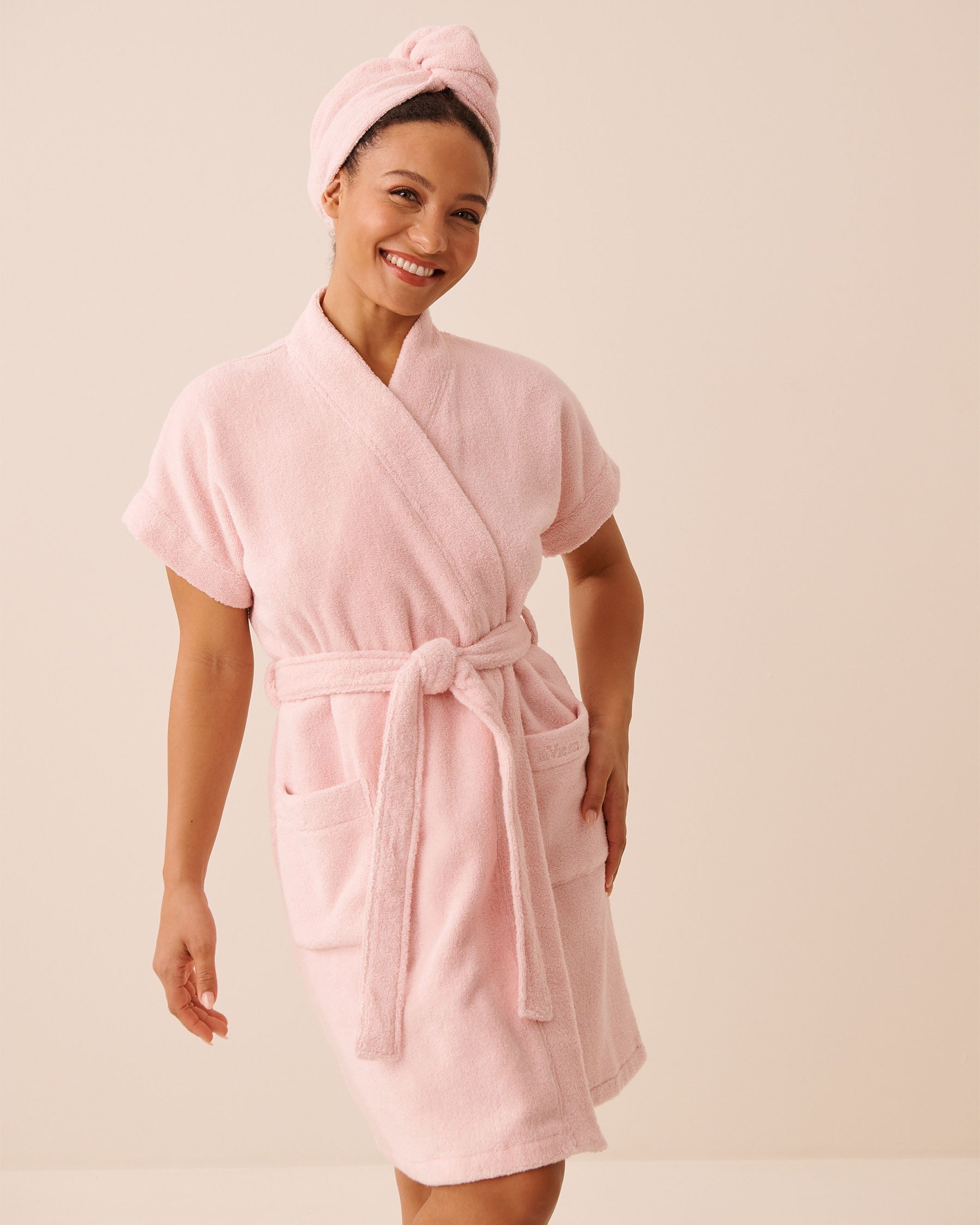 LA VIE EN ROSE Terry Bath Robe & Hair Towel Set Pink 40600230 - View1