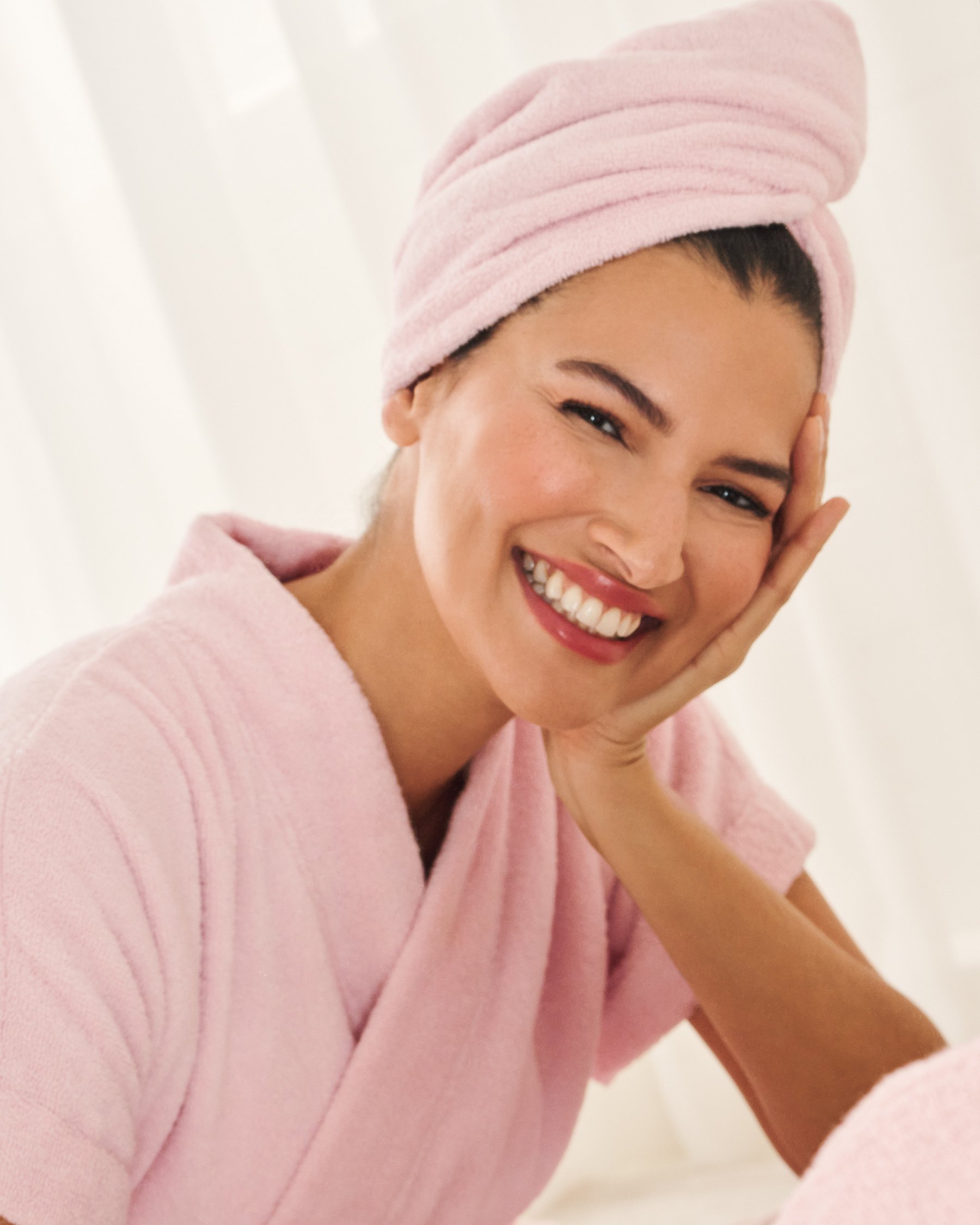 LA VIE EN ROSE Ensemble peignoir en ratine et serviette pour cheveux Rose 40600230 - View2