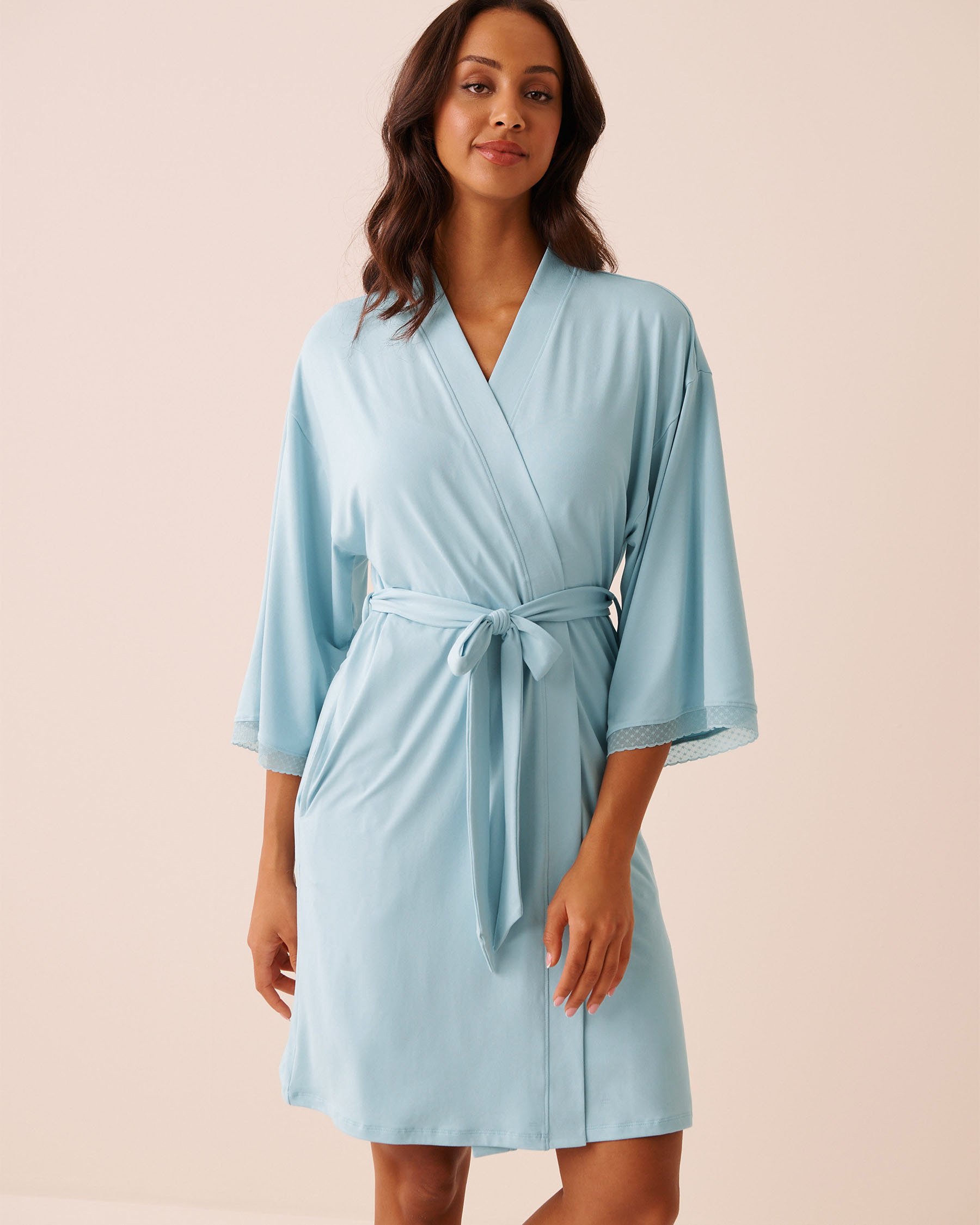 LA VIE EN ROSE Super Soft Lace Trim Kimono Baby Blue 40600228 - View2