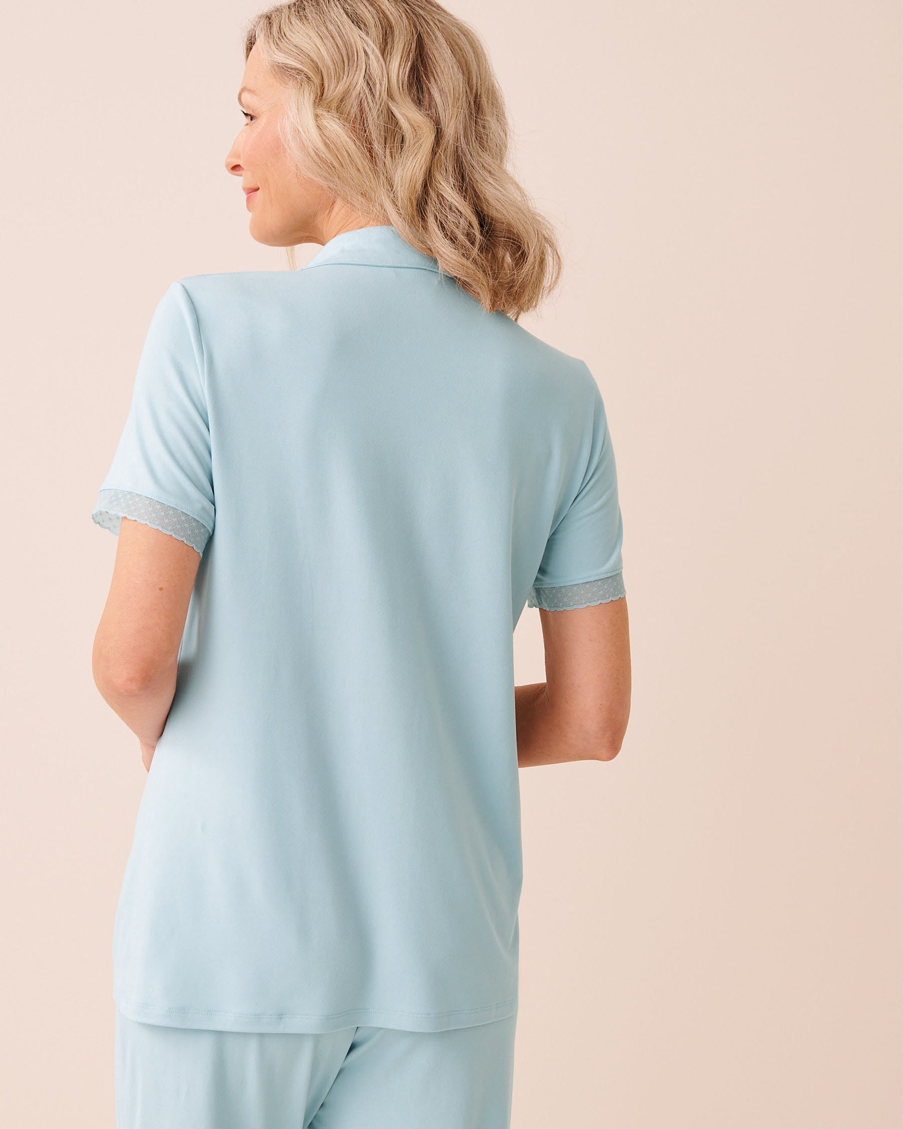 LA VIE EN ROSE Super Soft Lace Trim Button-down Shirt Baby Blue 40100853 - View2