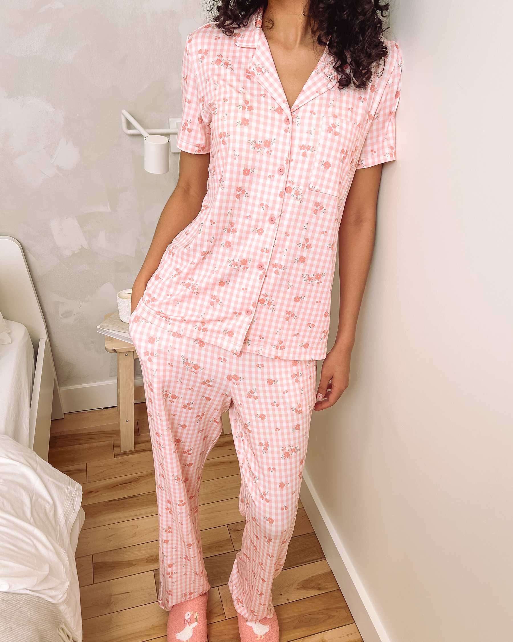 LA VIE EN ROSE Floral Gingham Print Super Soft Button-down Shirt Pink Floral Gingham 40100839 - View6