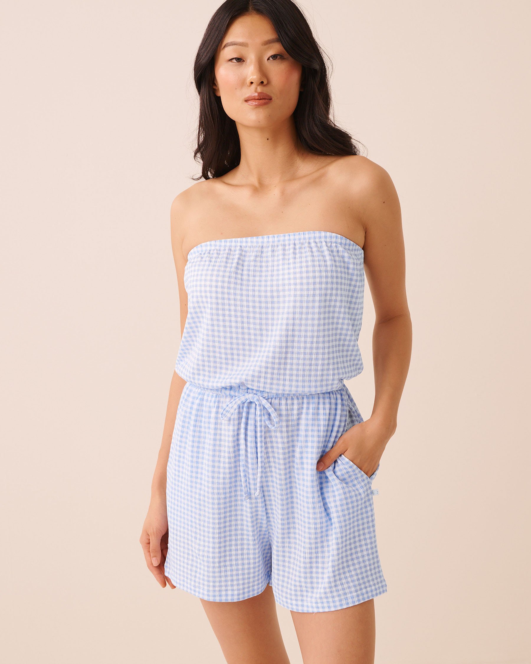LA VIE EN ROSE AQUA Gingham Print Sleeveless Romper Blue Gingham 80300137 - View1