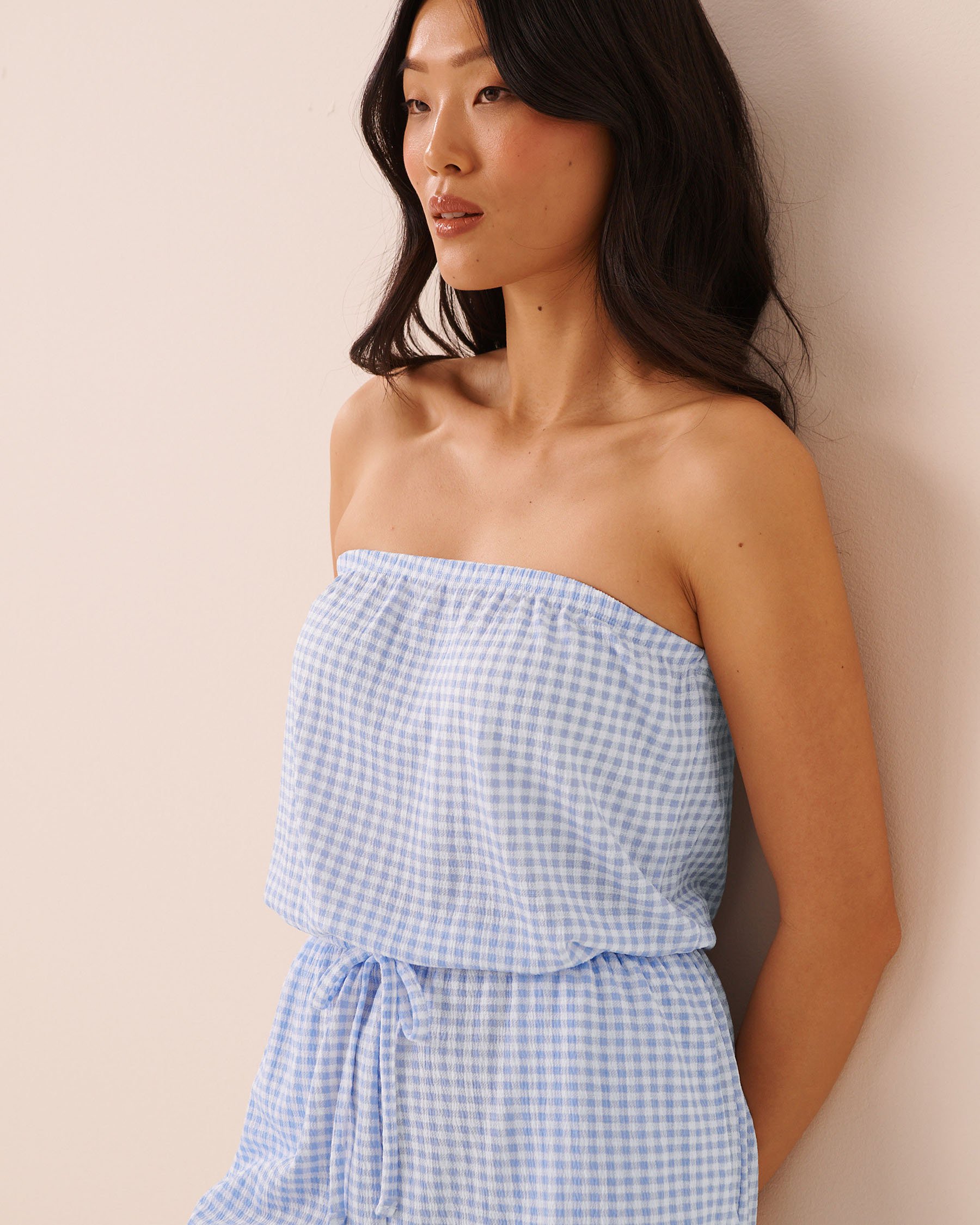 LA VIE EN ROSE AQUA Gingham Print Sleeveless Romper Blue Gingham 80300137 - View3