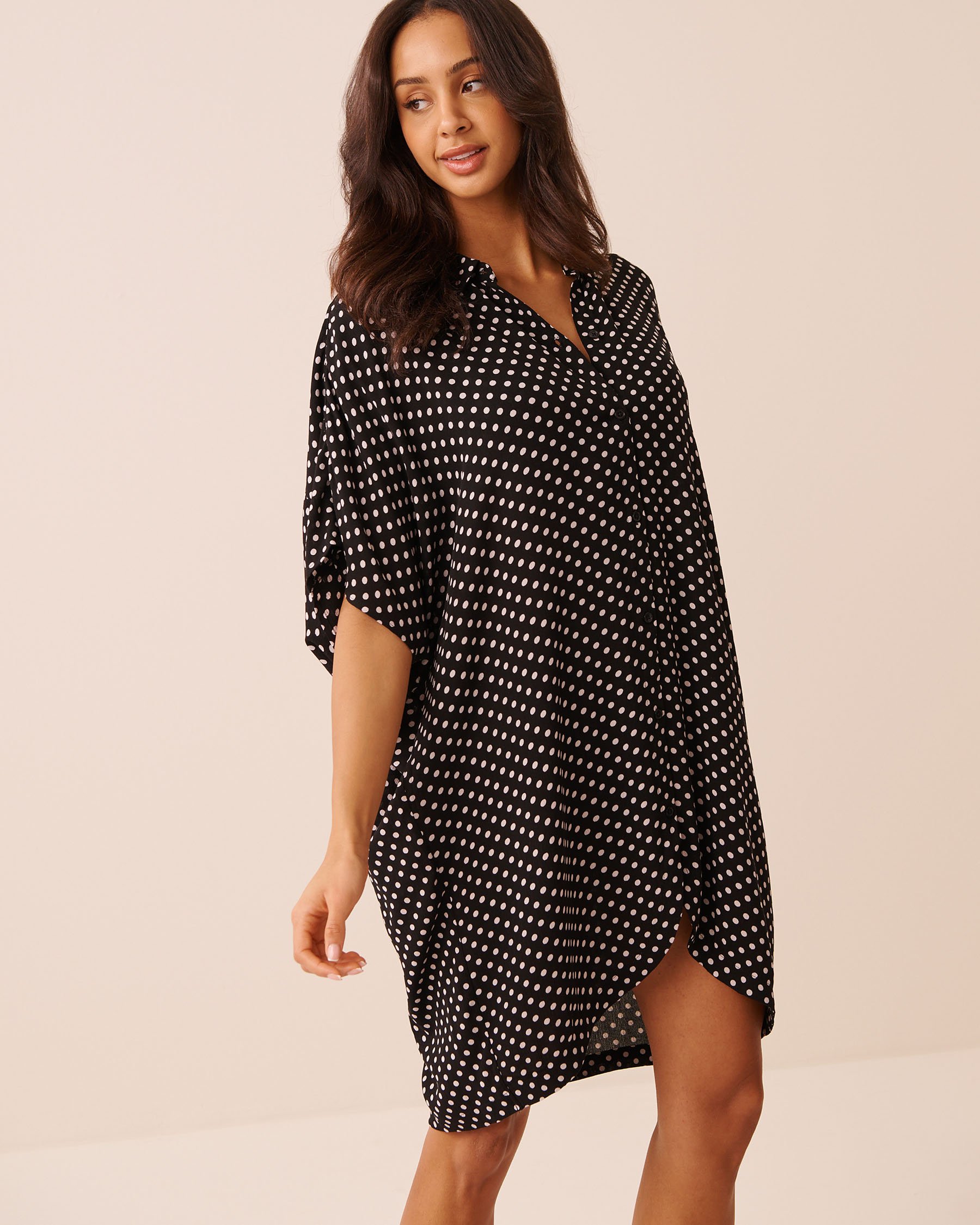 LA VIE EN ROSE AQUA Long Gauze Shirt Black Polka Dot 80100051 - View3