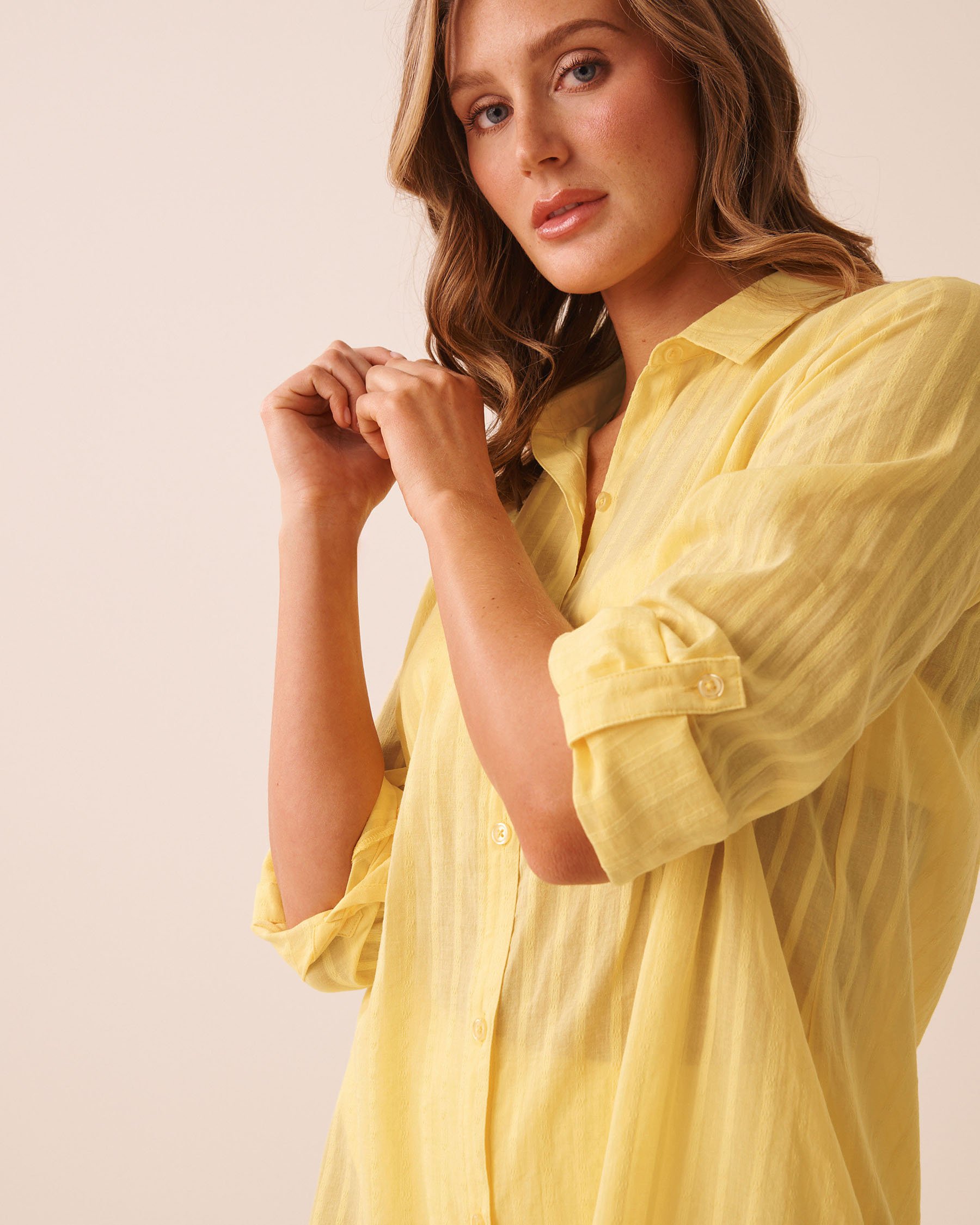 LA VIE EN ROSE AQUA Striped Long Button-down Shirt Lemon Sorbet 80100047 - View3