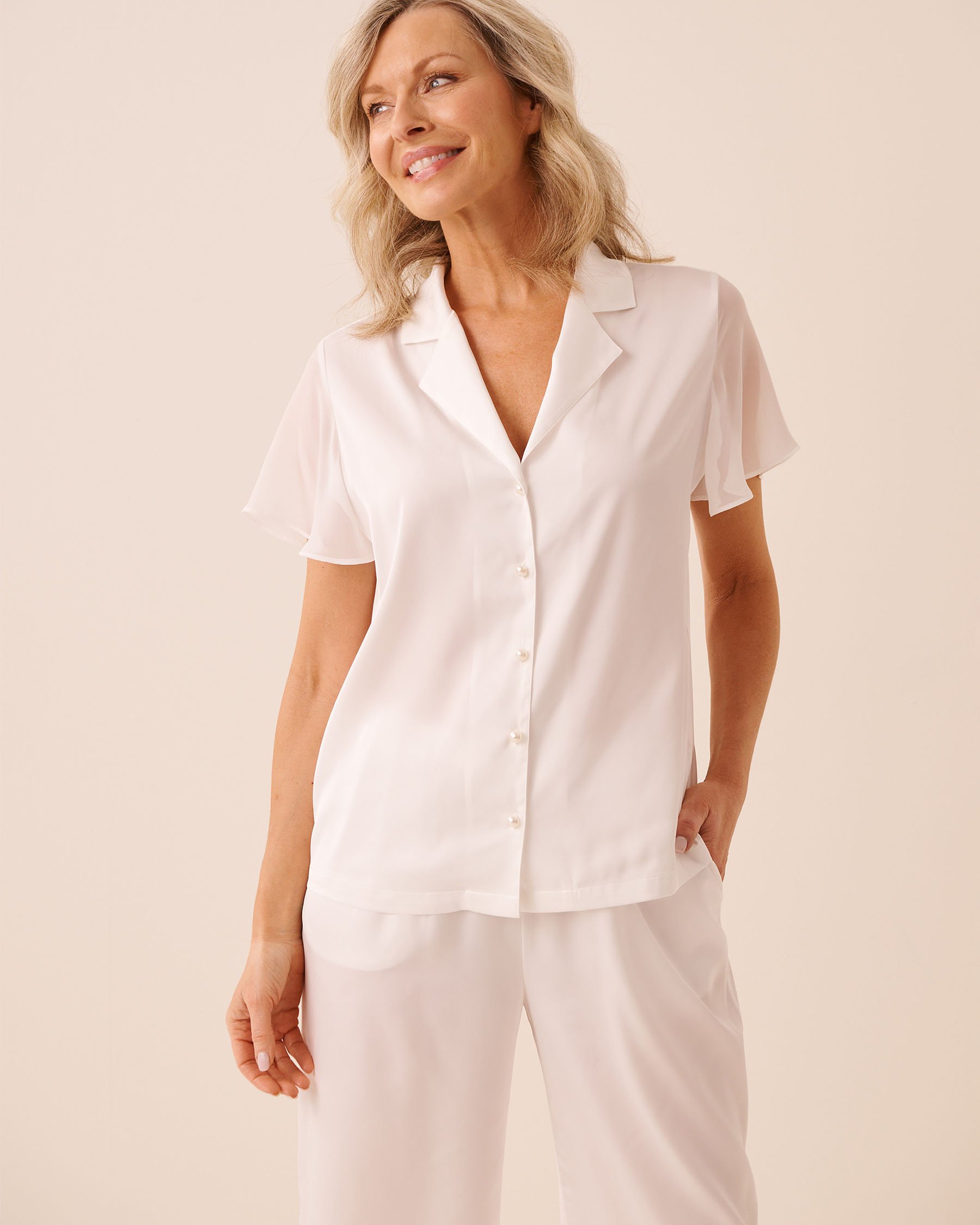 LA VIE EN ROSE Beaded Satin and Chiffon Button-Down Shirt White 60100194 - View1