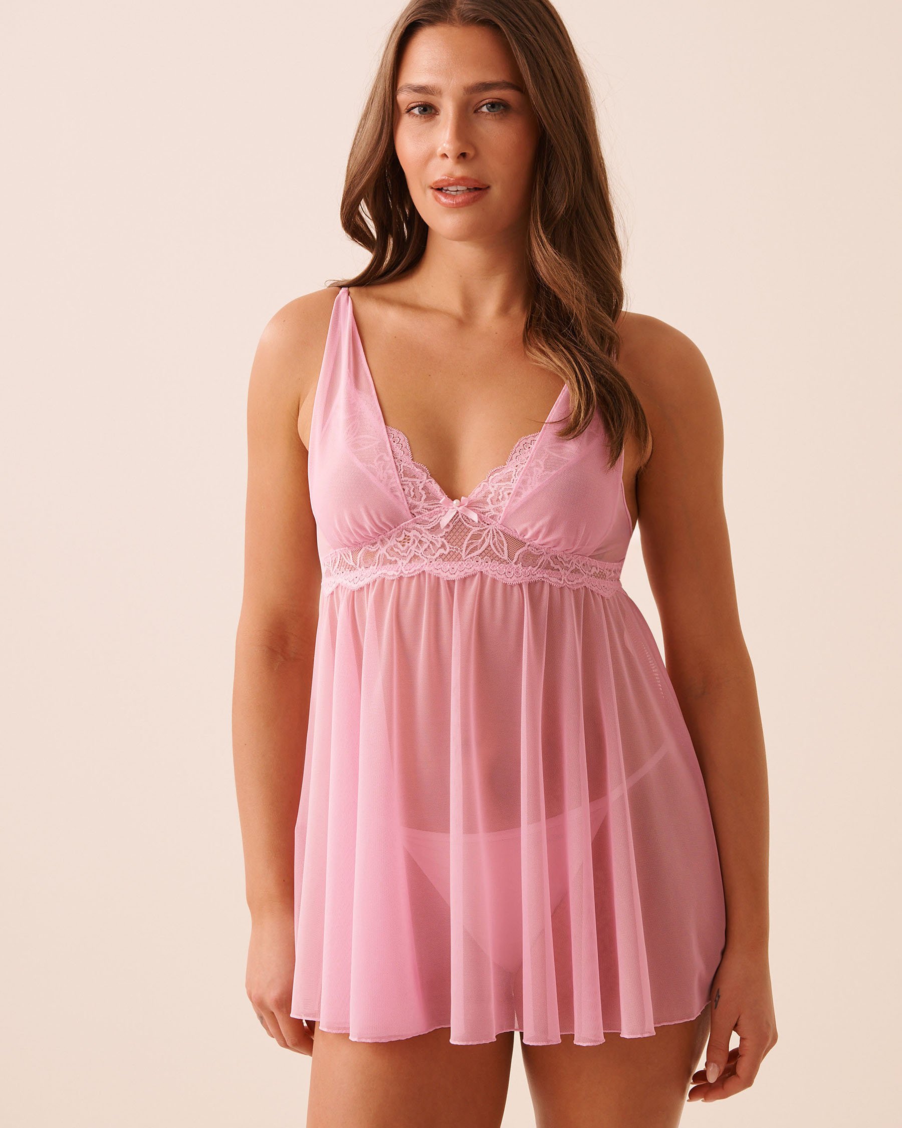 LA VIE EN ROSE Babydoll en dentelle florale et résille Rose 60500240 - View1