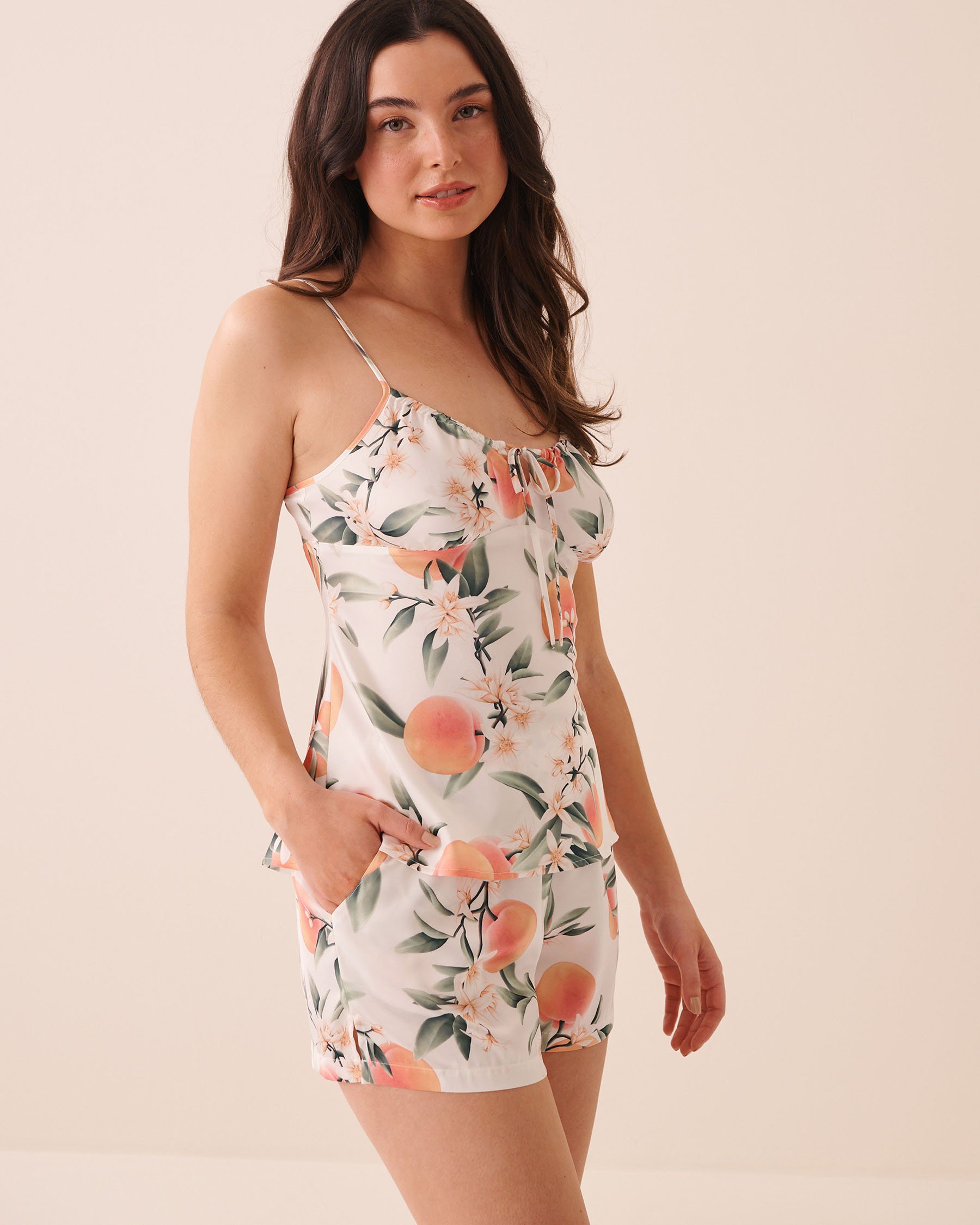 LA VIE EN ROSE Peach Print Keyhole Tie Satin Cami White/Peaches 60100195 - View1