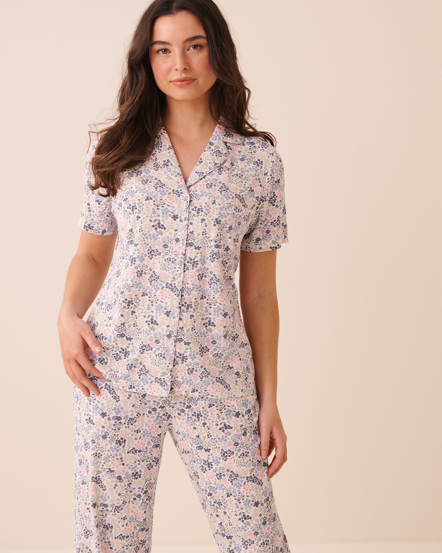 LA VIE EN ROSE Chemisier manches courtes en modal côtelé Fleurs bleues 60100197 - View1