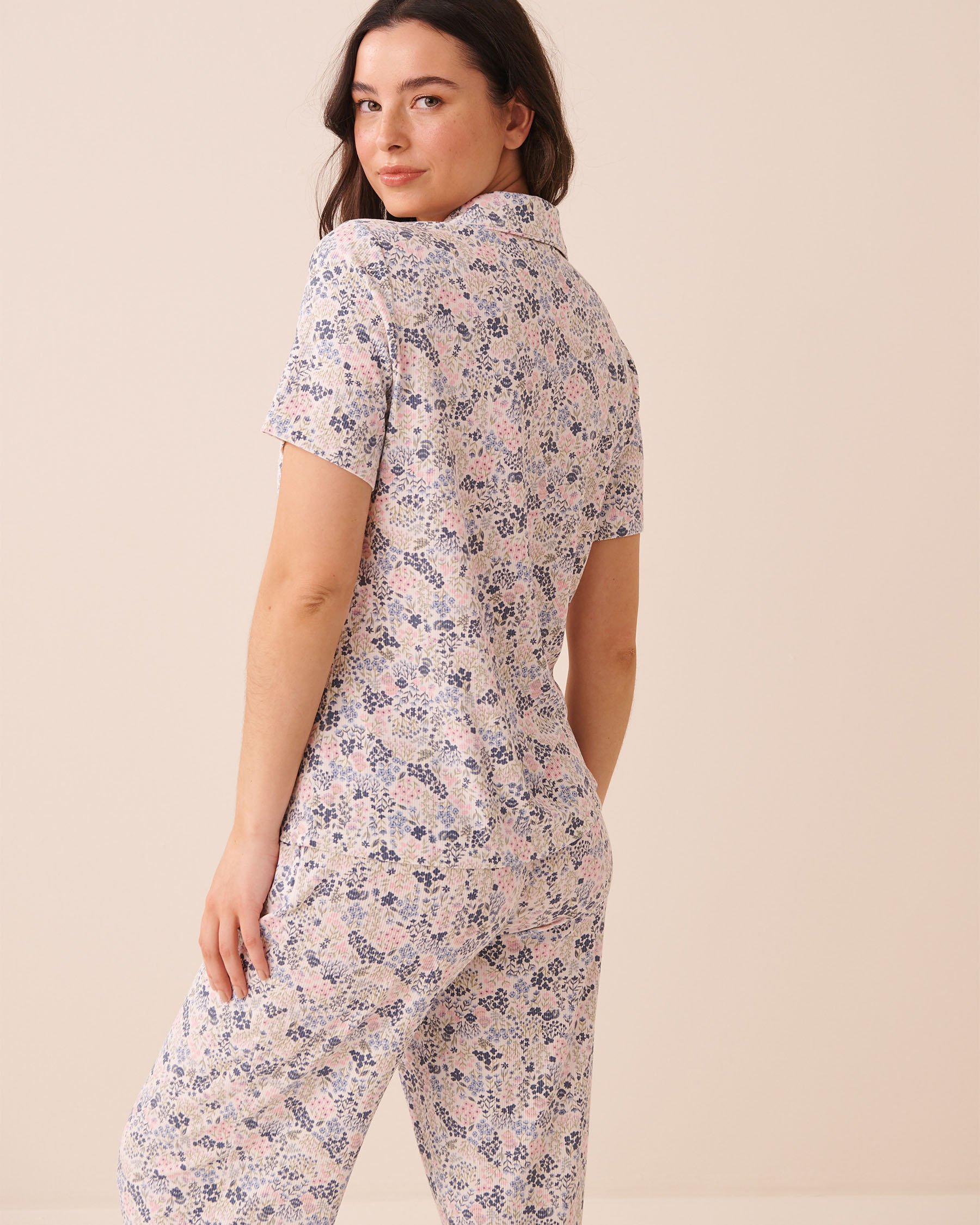 LA VIE EN ROSE Chemisier manches courtes en modal côtelé Fleurs bleues 60100197 - View2