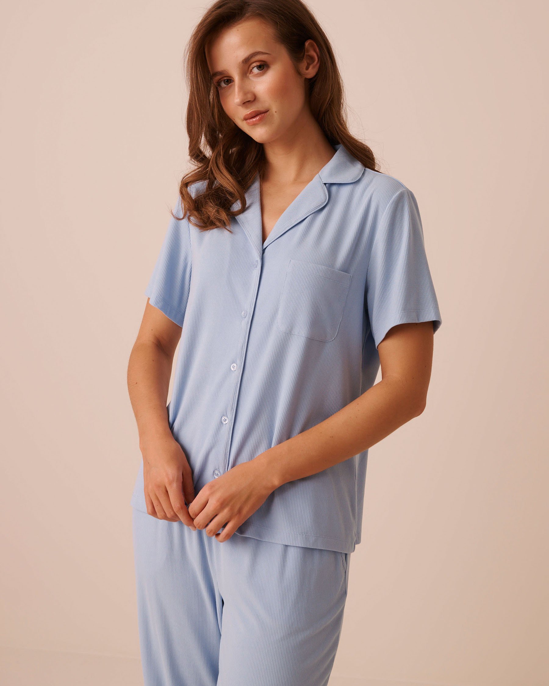 LA VIE EN ROSE Chemisier manches courtes en modal côtelé Bleu ciel 60100197 - View1