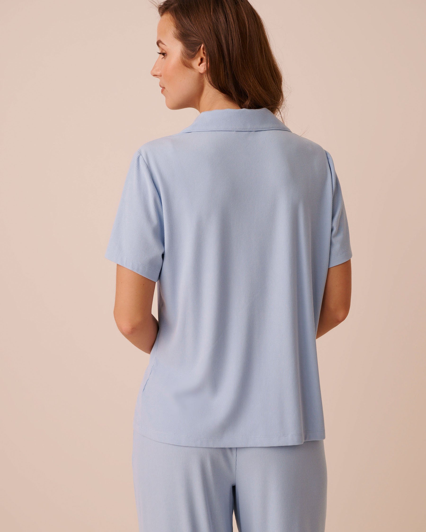LA VIE EN ROSE Chemisier manches courtes en modal côtelé Bleu ciel 60100197 - View2