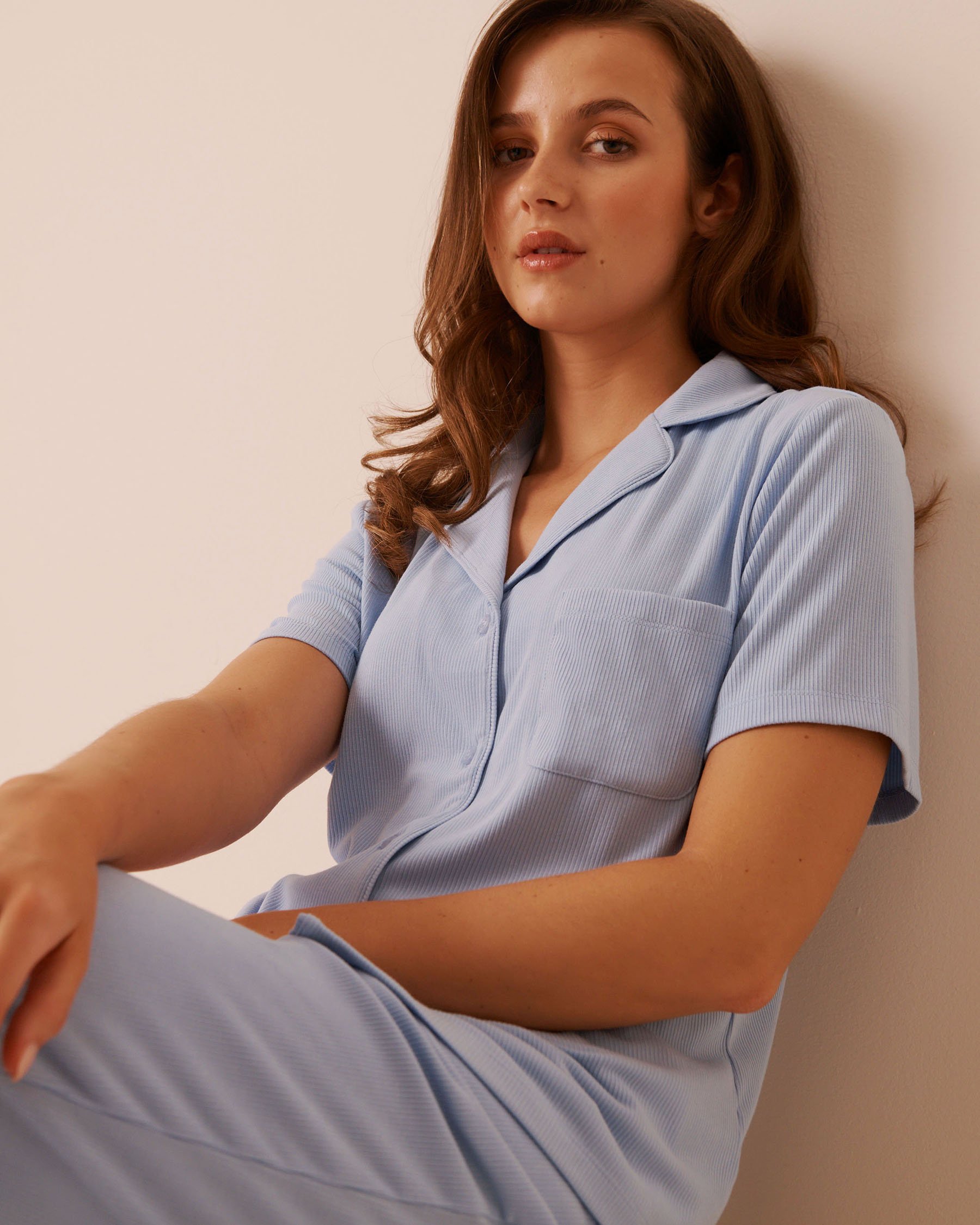 LA VIE EN ROSE Chemisier manches courtes en modal côtelé Bleu ciel 60100197 - Voir3