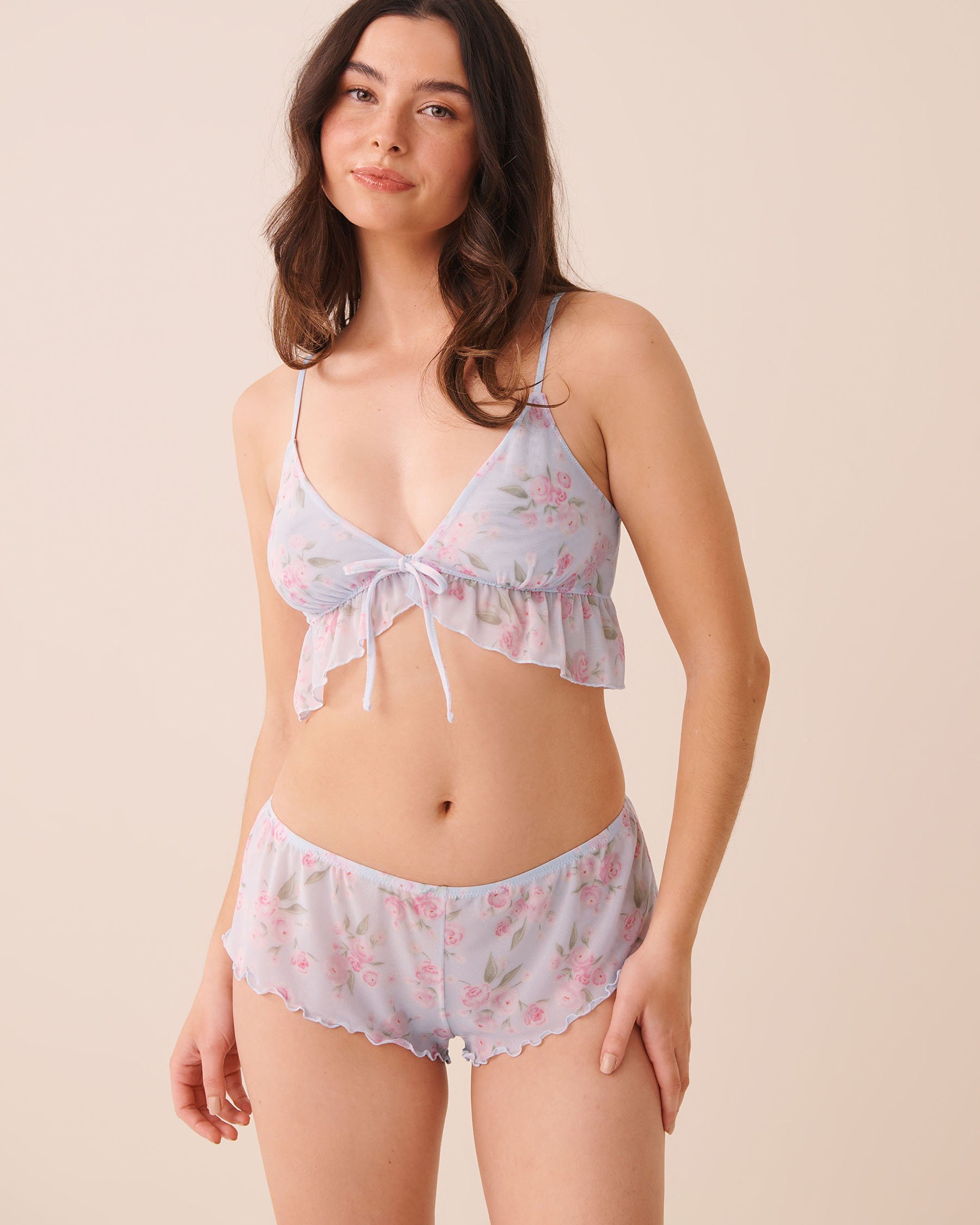 LA VIE EN ROSE Rose Print Mesh Bralette & Panty Set Blue/Roses 60400074 - View1