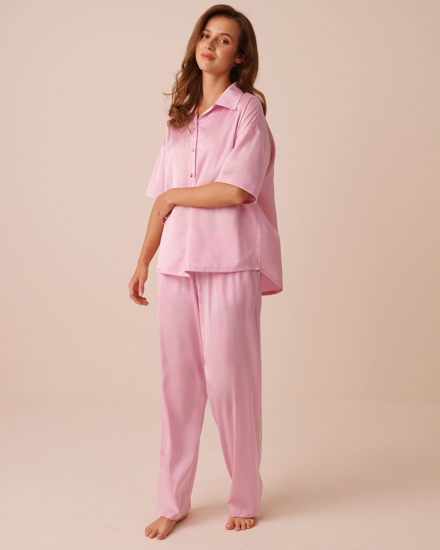 LA VIE EN ROSE Short Sleeve Satin Pajama Set Pink 60400076 - View1