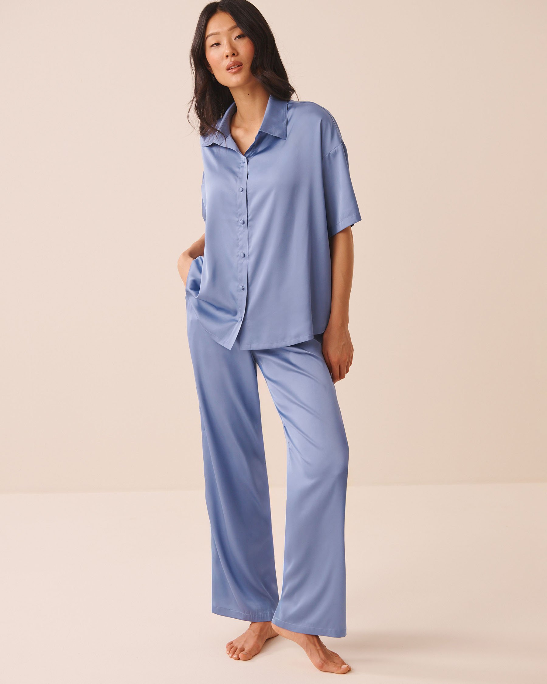 LA VIE EN ROSE Short Sleeve Satin Pajama Set Quiet Blue 60400076 - View1
