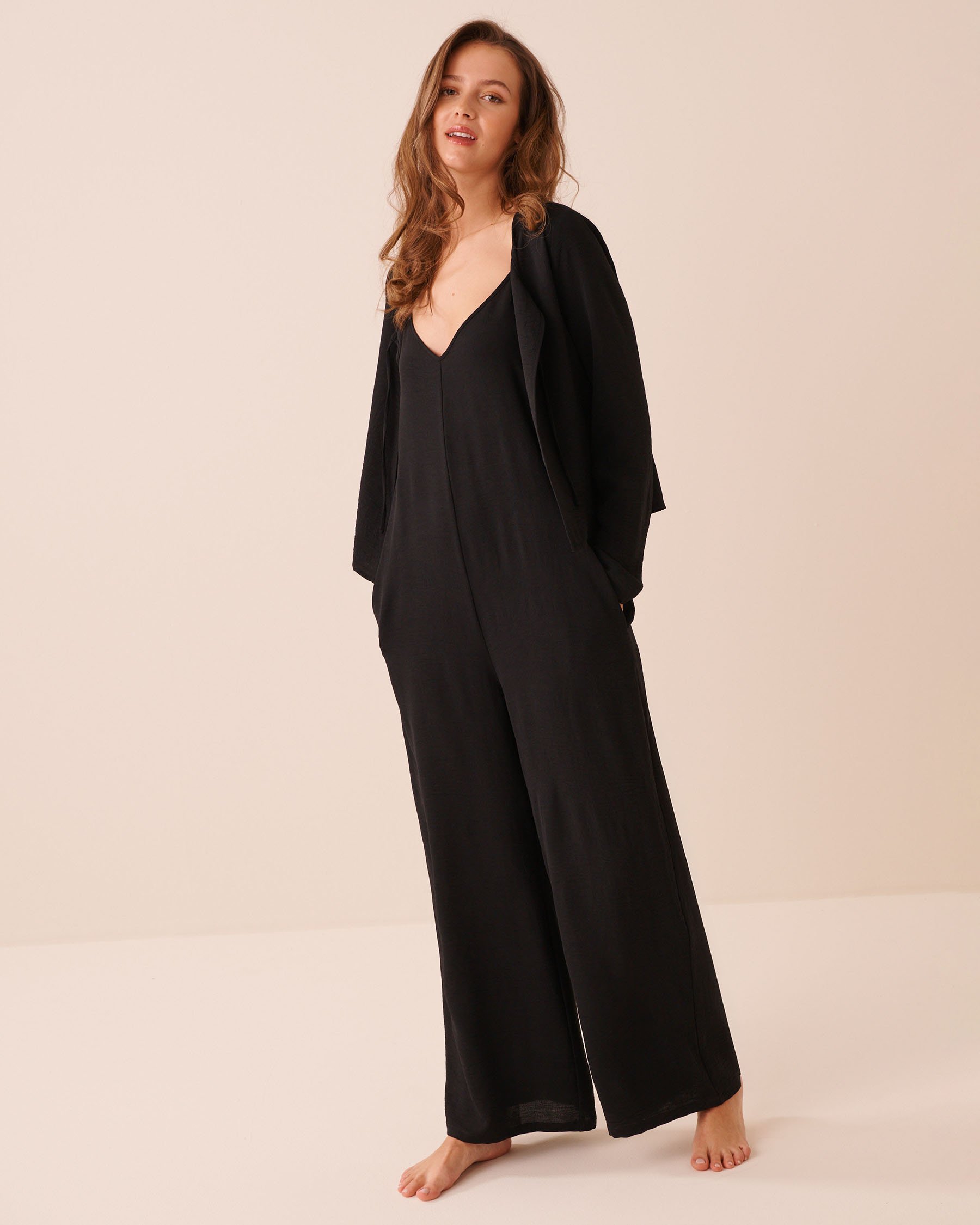 LA VIE EN ROSE Tie-Front Crinkle Long Sleeve Top Black 50100133 - View4