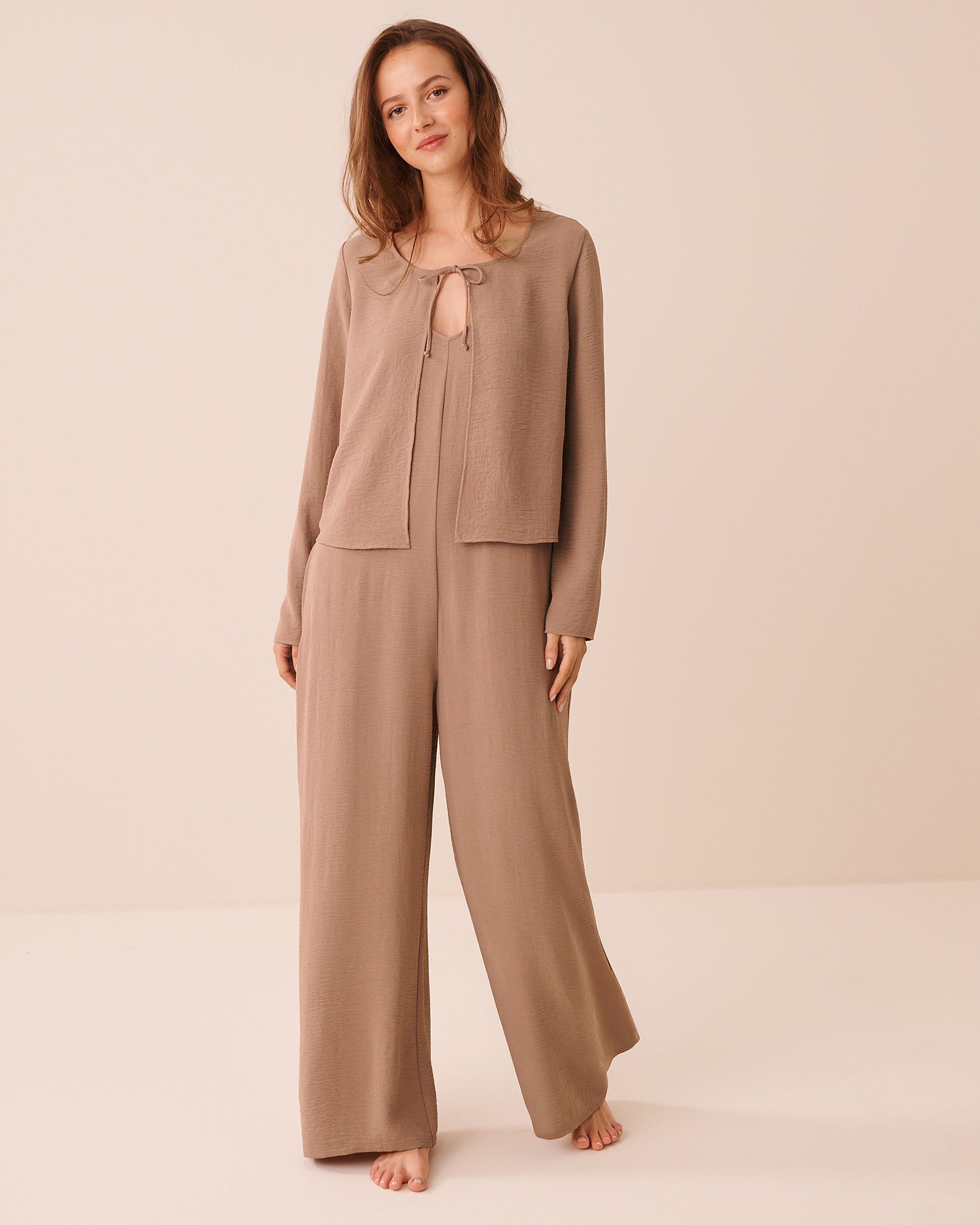 LA VIE EN ROSE Tie-Front Crinkle Long Sleeve Top Light Brown 50100133 - View4