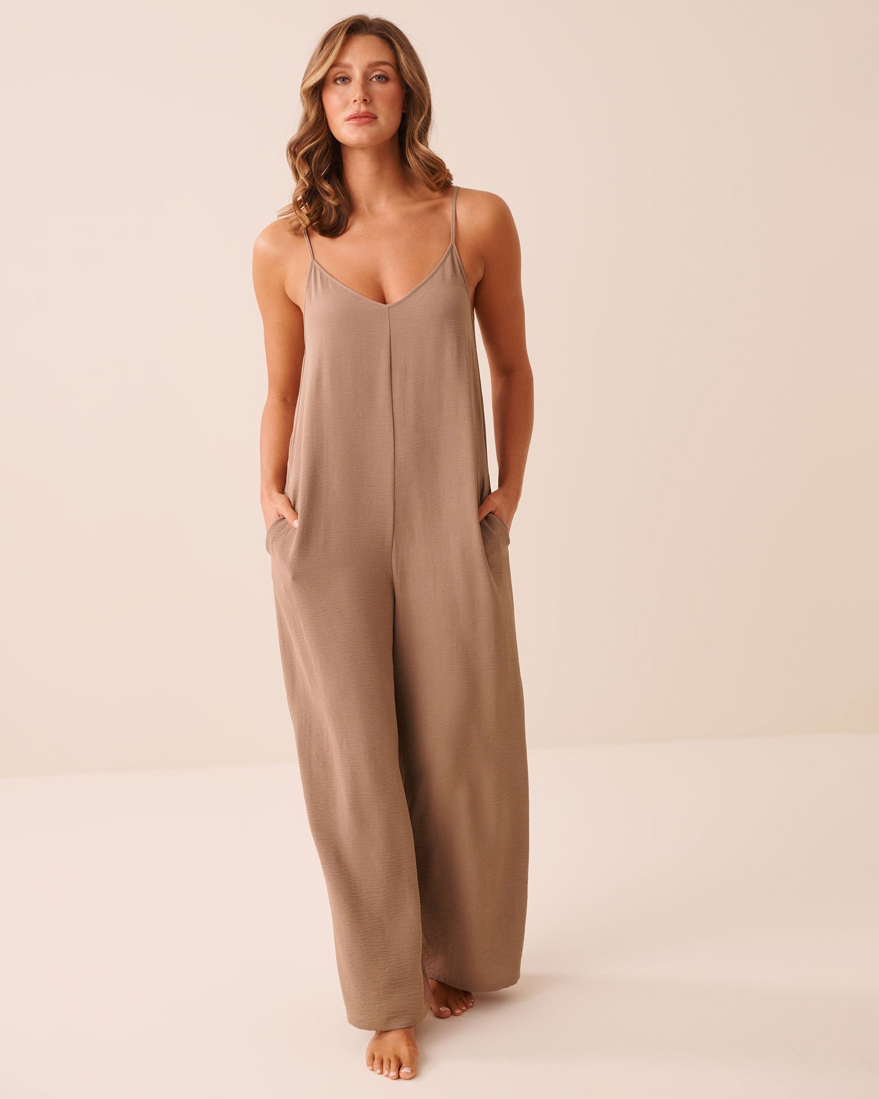 LA VIE EN ROSE Wide Leg Crinkle Jumpsuit Light Brown 50300012 - View1